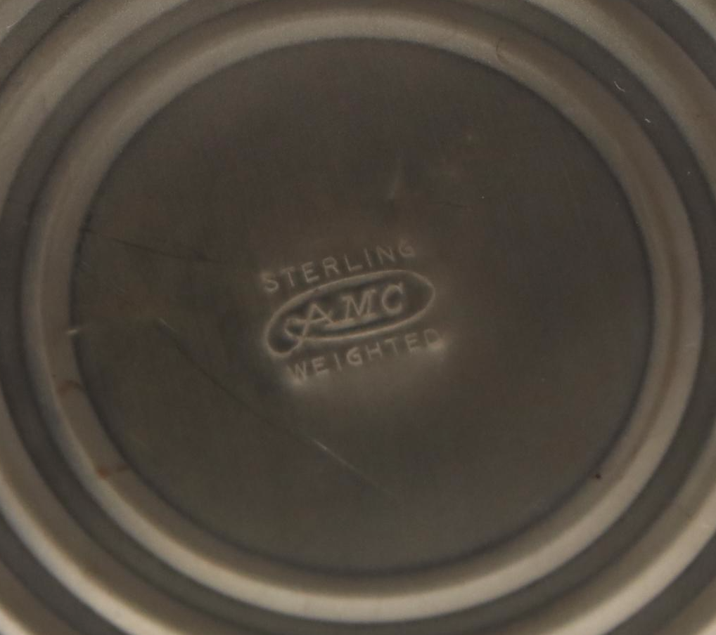 AMC Sterling Silver Creamer and Sugar with Sterling Rimmed Coaster and Shakers