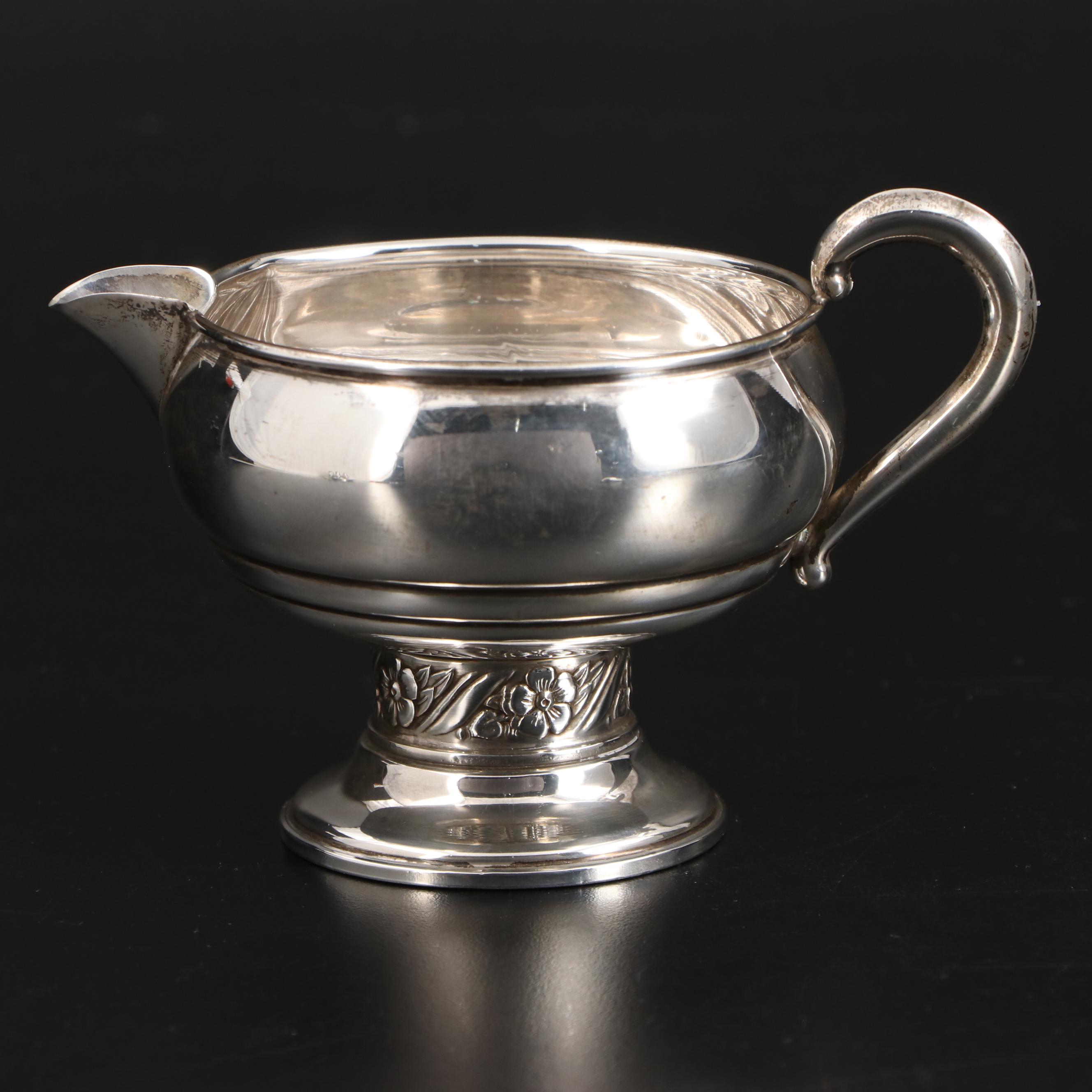 AMC Sterling Silver Creamer and Sugar with Sterling Rimmed Coaster and Shakers