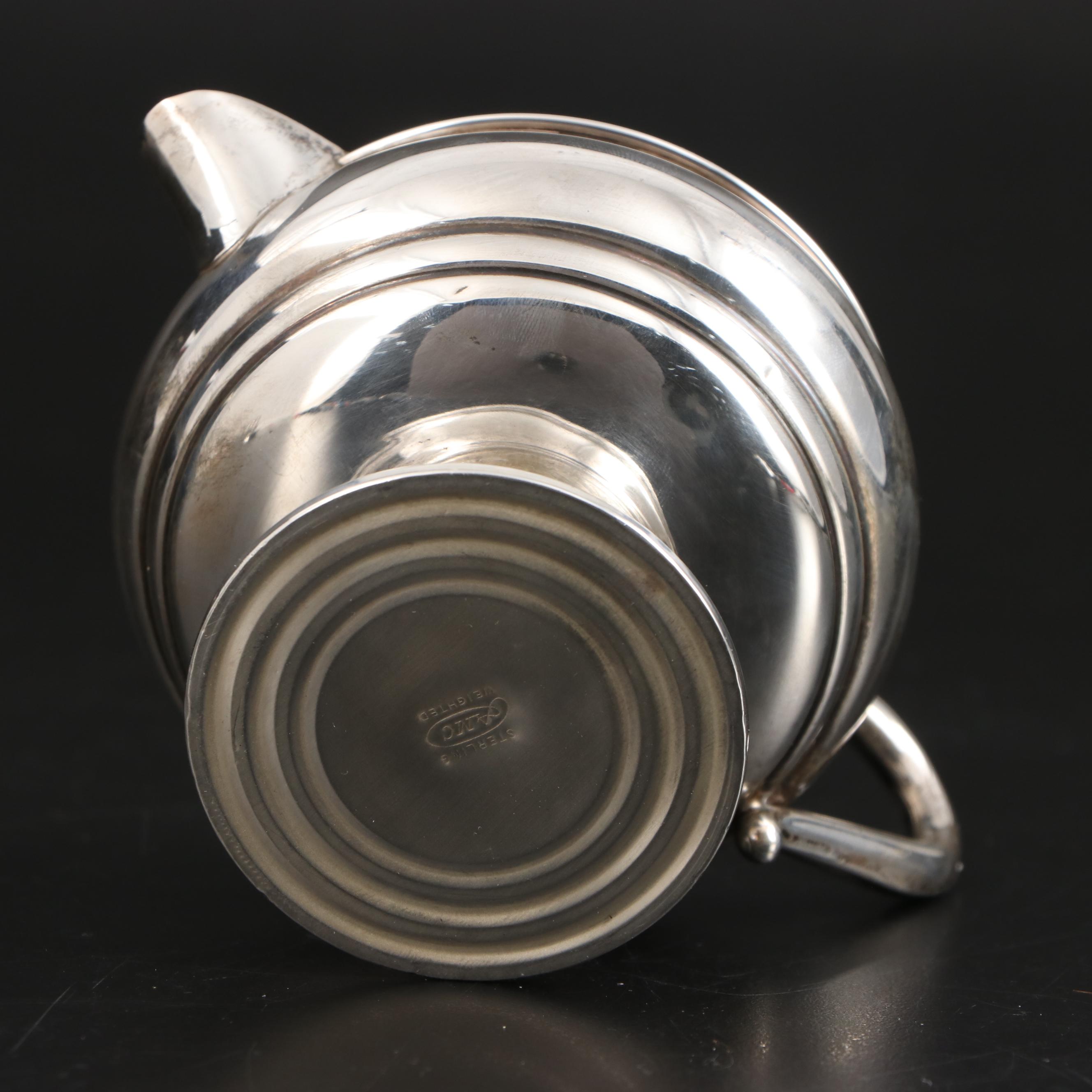 AMC Sterling Silver Creamer and Sugar with Sterling Rimmed Coaster and Shakers