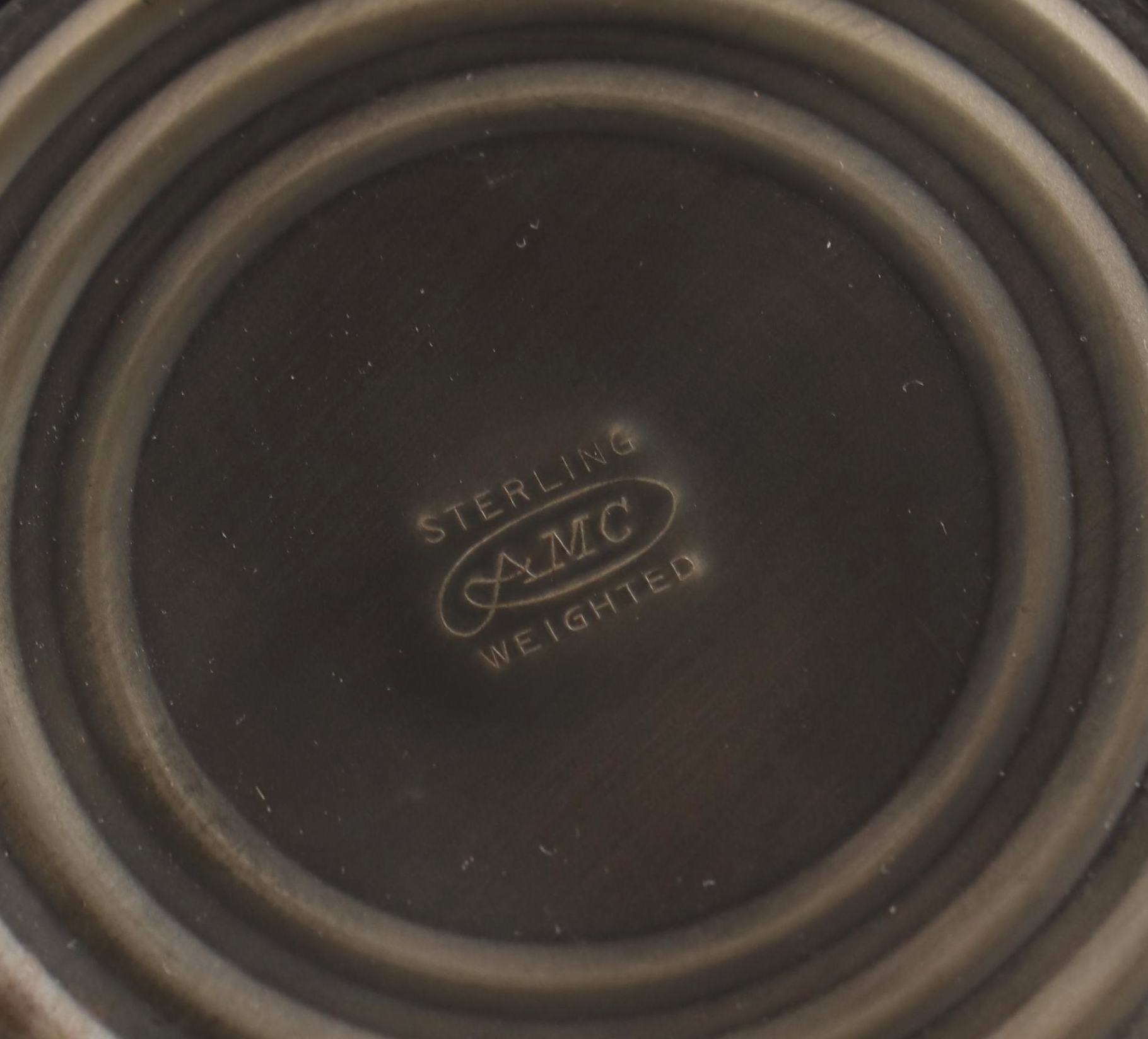 AMC Sterling Silver Creamer and Sugar with Sterling Rimmed Coaster and Shakers