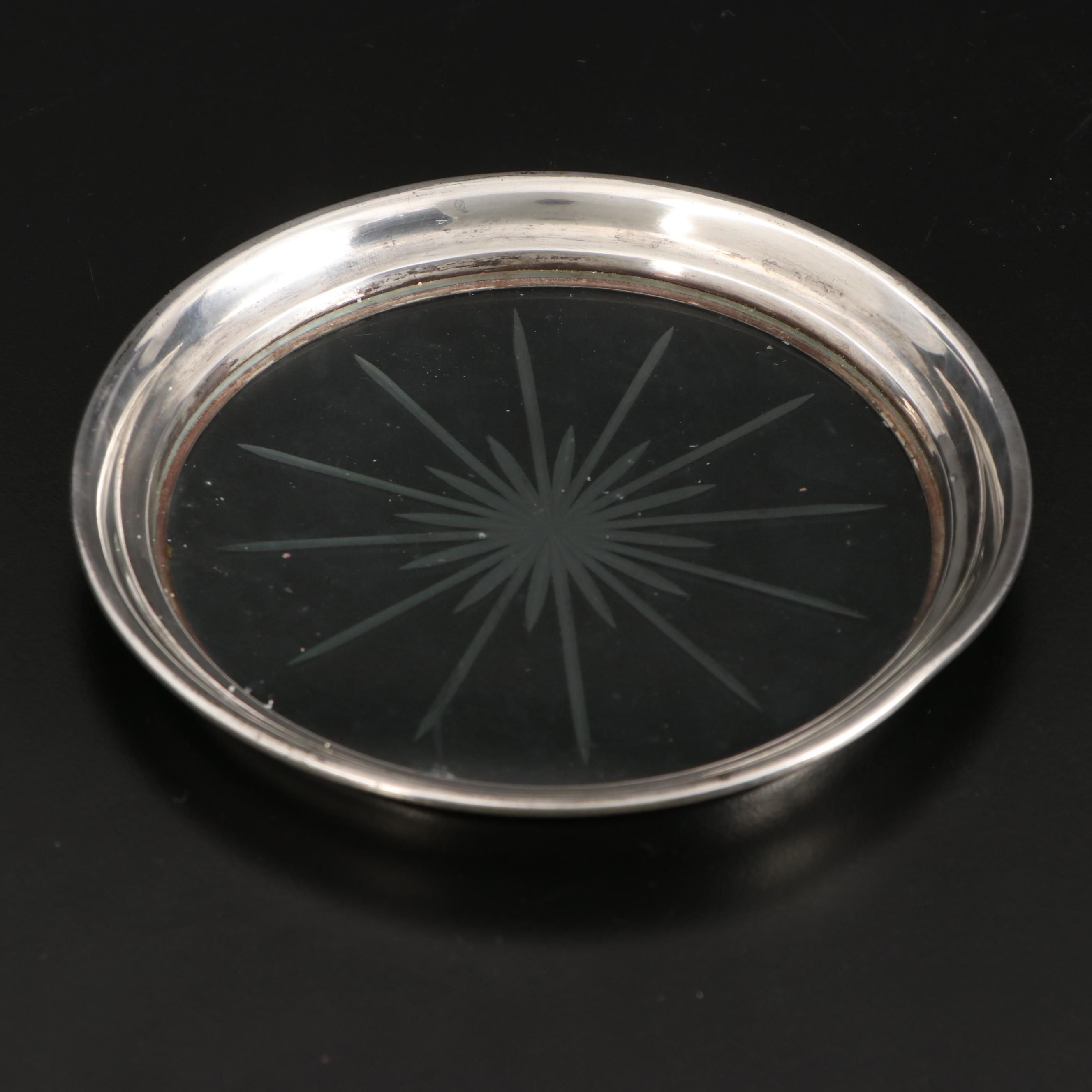 AMC Sterling Silver Creamer and Sugar with Sterling Rimmed Coaster and Shakers