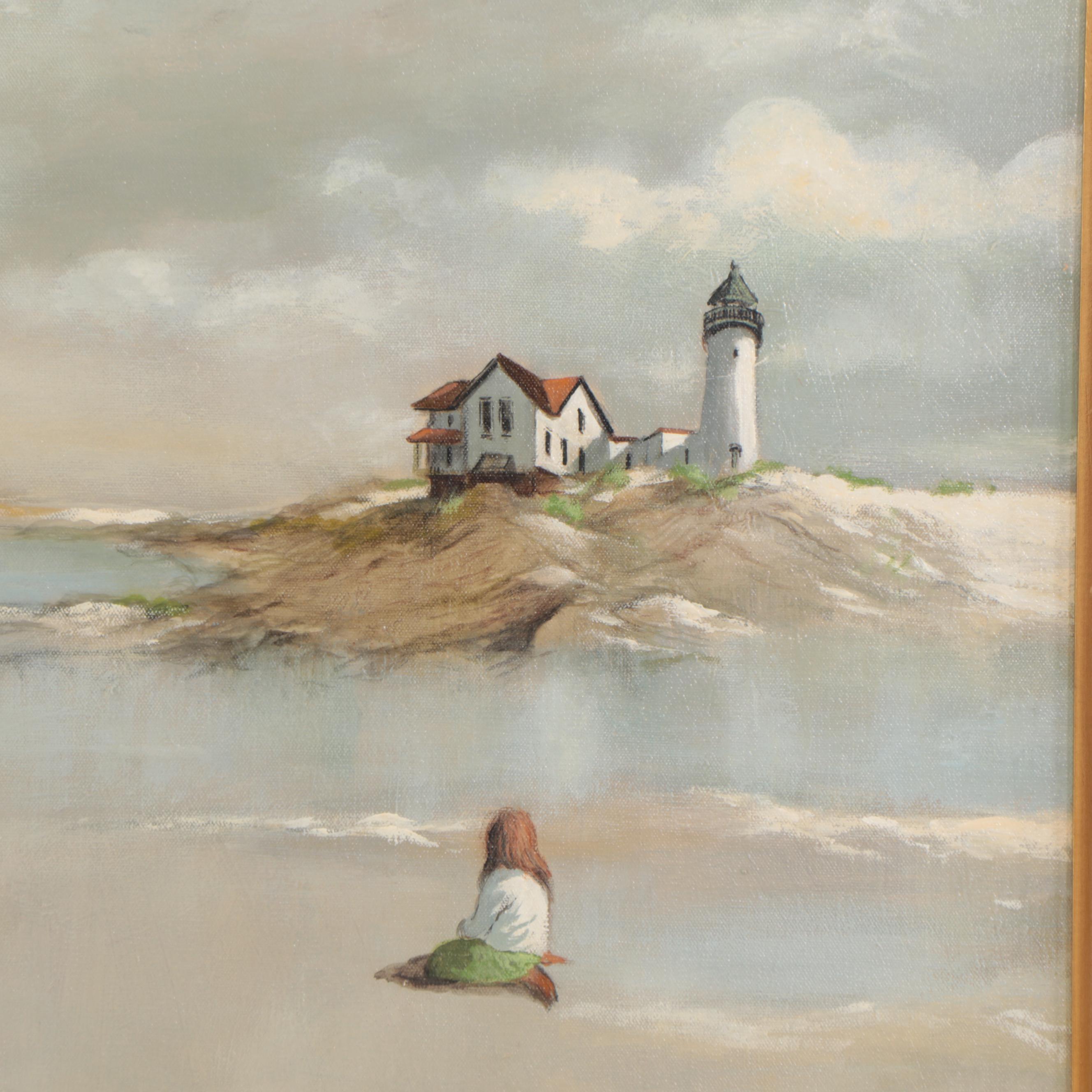 Robert Fabe Beach Scene Oil Painting, Late 20th Century