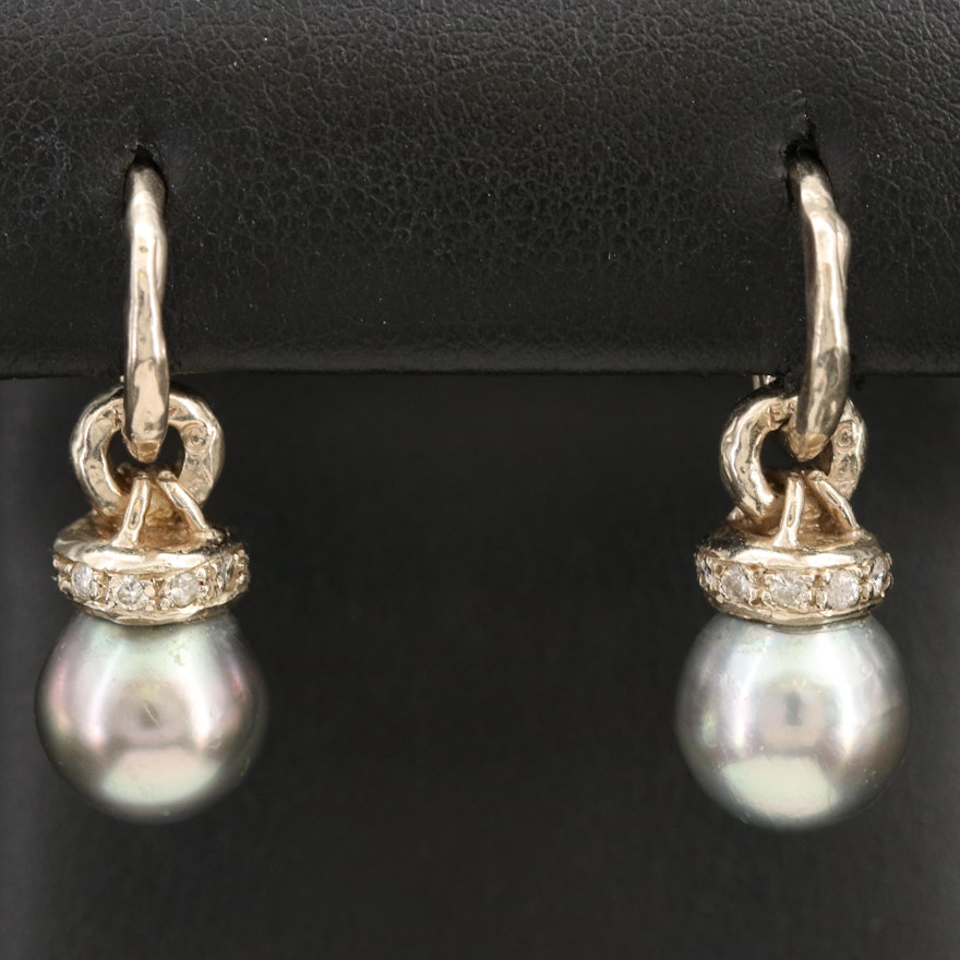 14K J Hoop Earrings with 10.50 mm Pearl and Diamond Enhancer