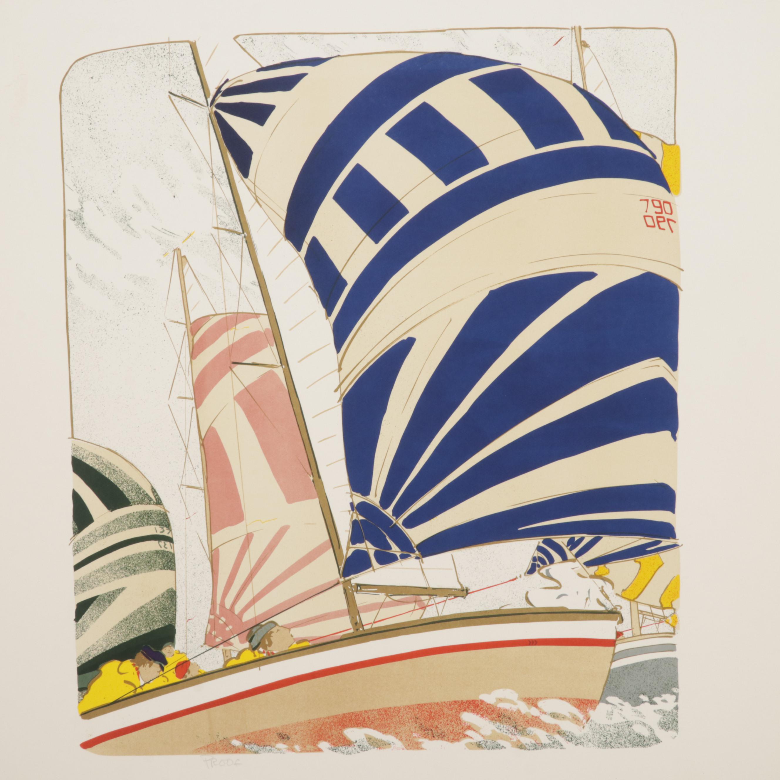Elizabeth Schippert Maritime Color Lithographs of Yachts, Late 20th Century
