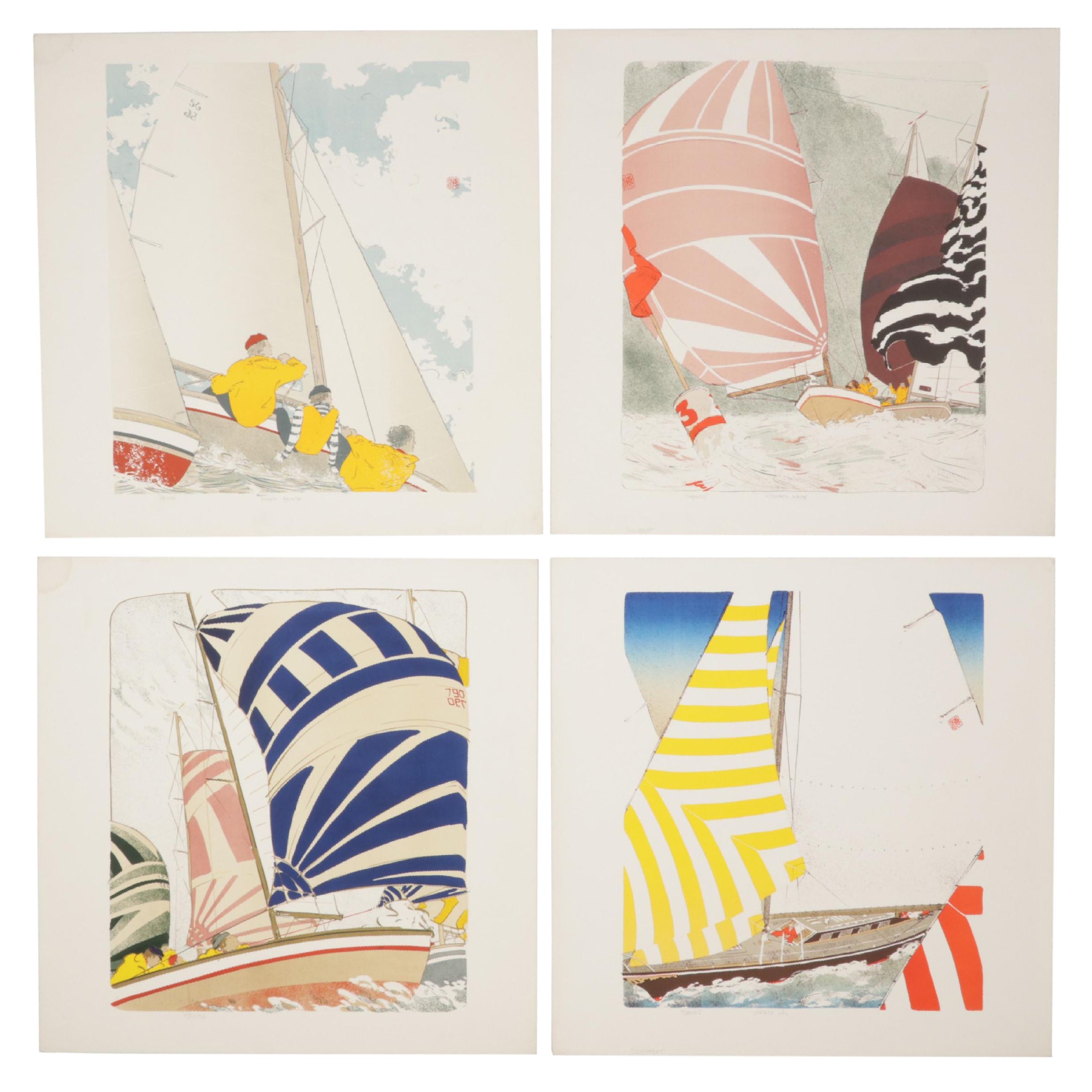 Elizabeth Schippert Maritime Color Lithographs of Yachts, Late 20th Century