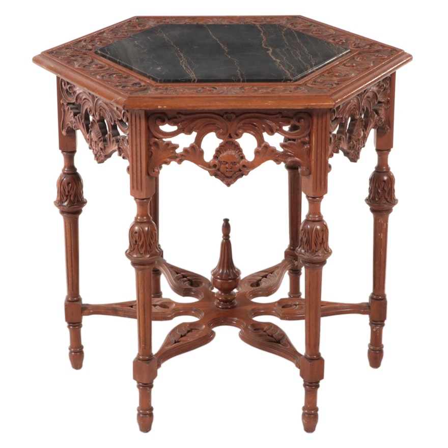 Italian Carved Walnut and Marble Hexagonal Center Table