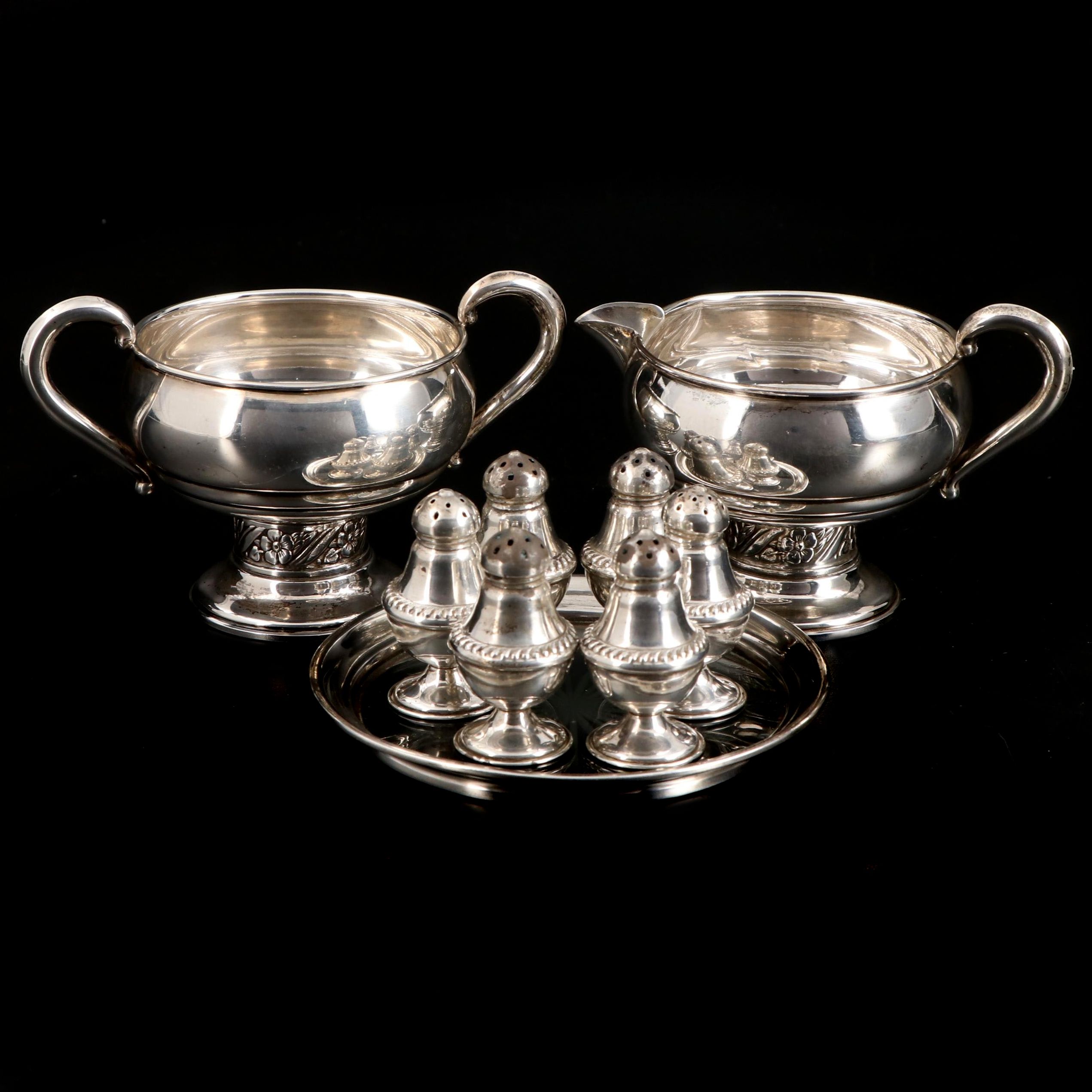 AMC Sterling Silver Creamer and Sugar with Sterling Rimmed Coaster and Shakers