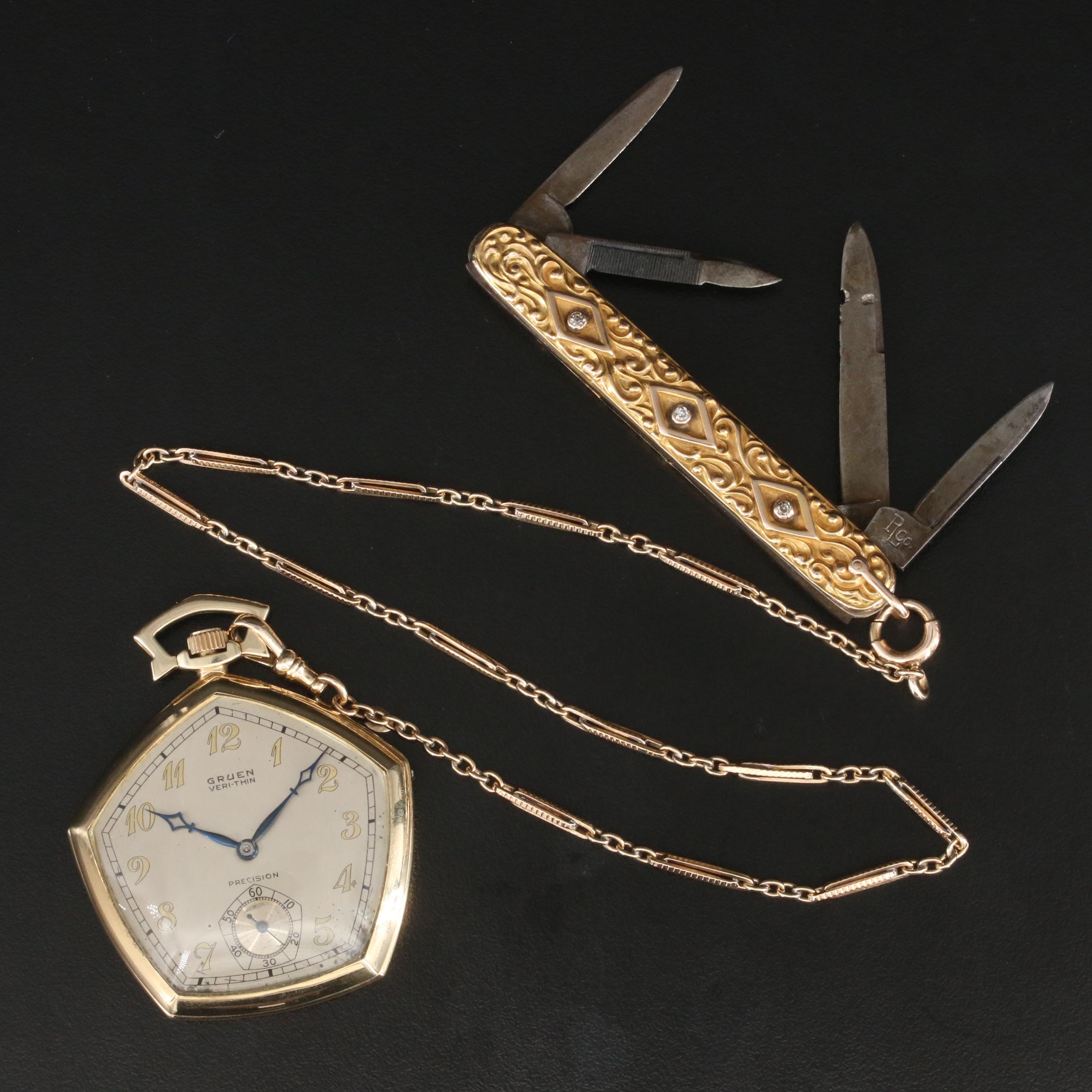 14K Gruen Veri-Thin Pocket Watch and Chain with Diamond Accented Knife Fob