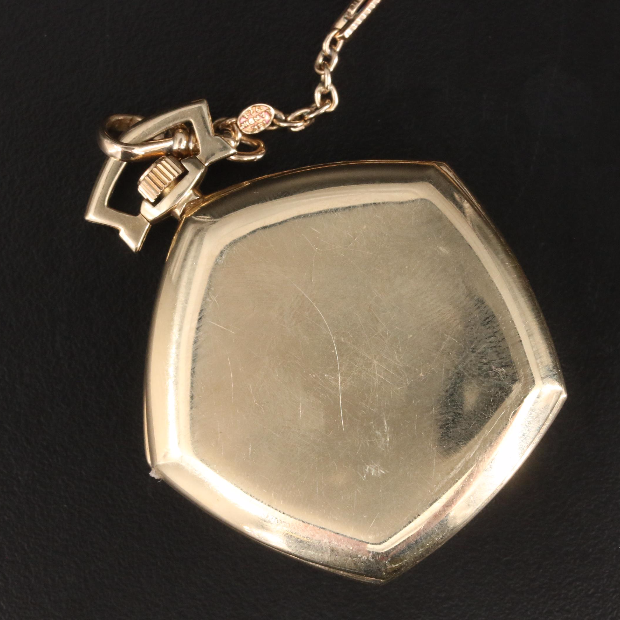 14K Gruen Veri-Thin Pocket Watch and Chain with Diamond Accented Knife Fob