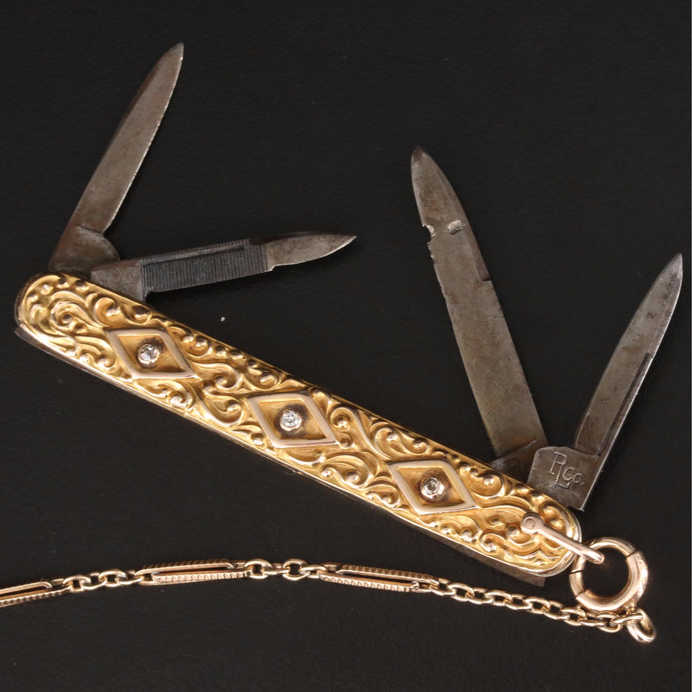 14K Gruen Veri-Thin Pocket Watch and Chain with Diamond Accented Knife Fob