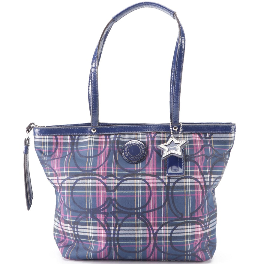 Coach Zip Shoulder Tote in Blue/Pink Tartan Plaid Nylon with Blue Patent Leather