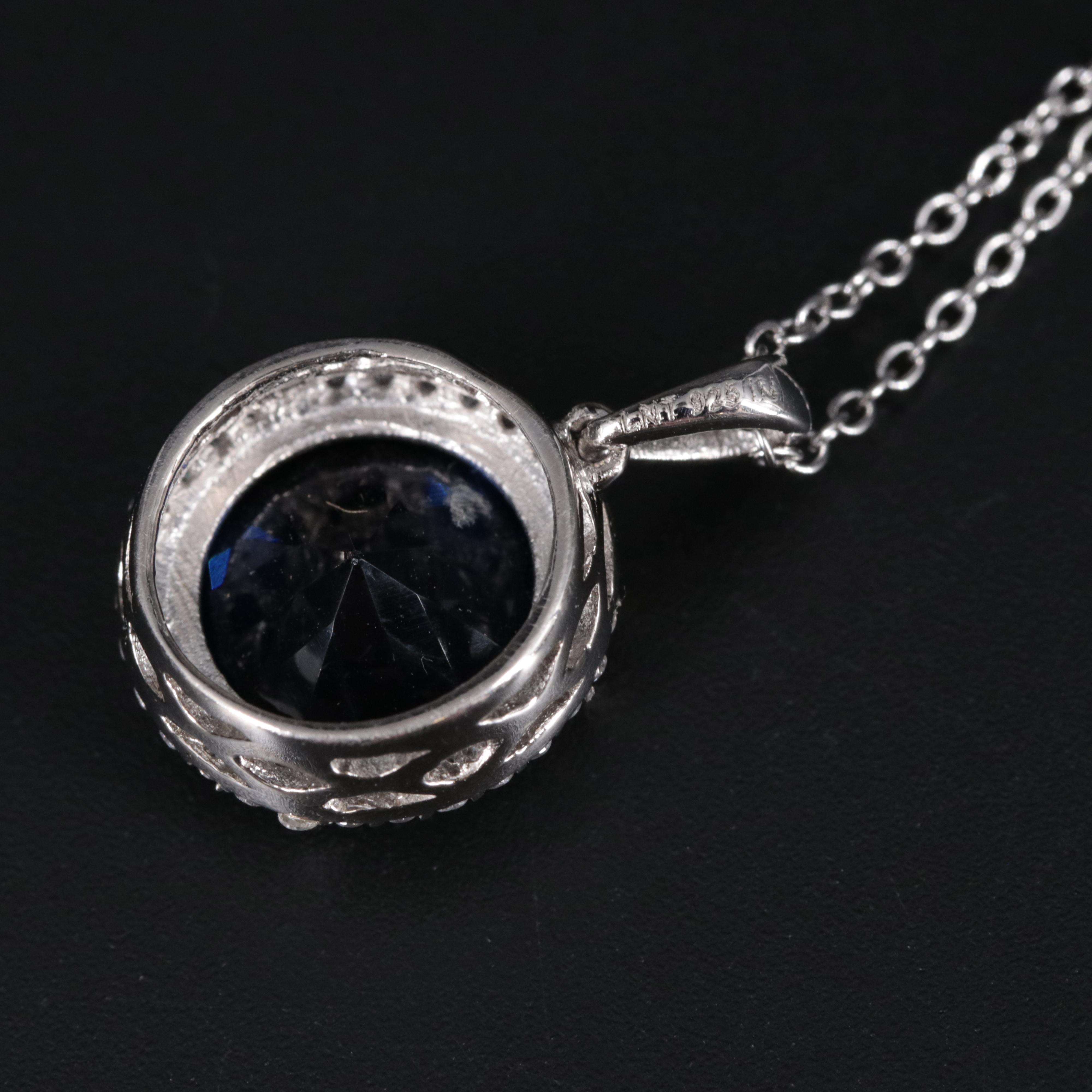 Sterling Silver Sapphire and Cubic Zirconia Pendant Necklace