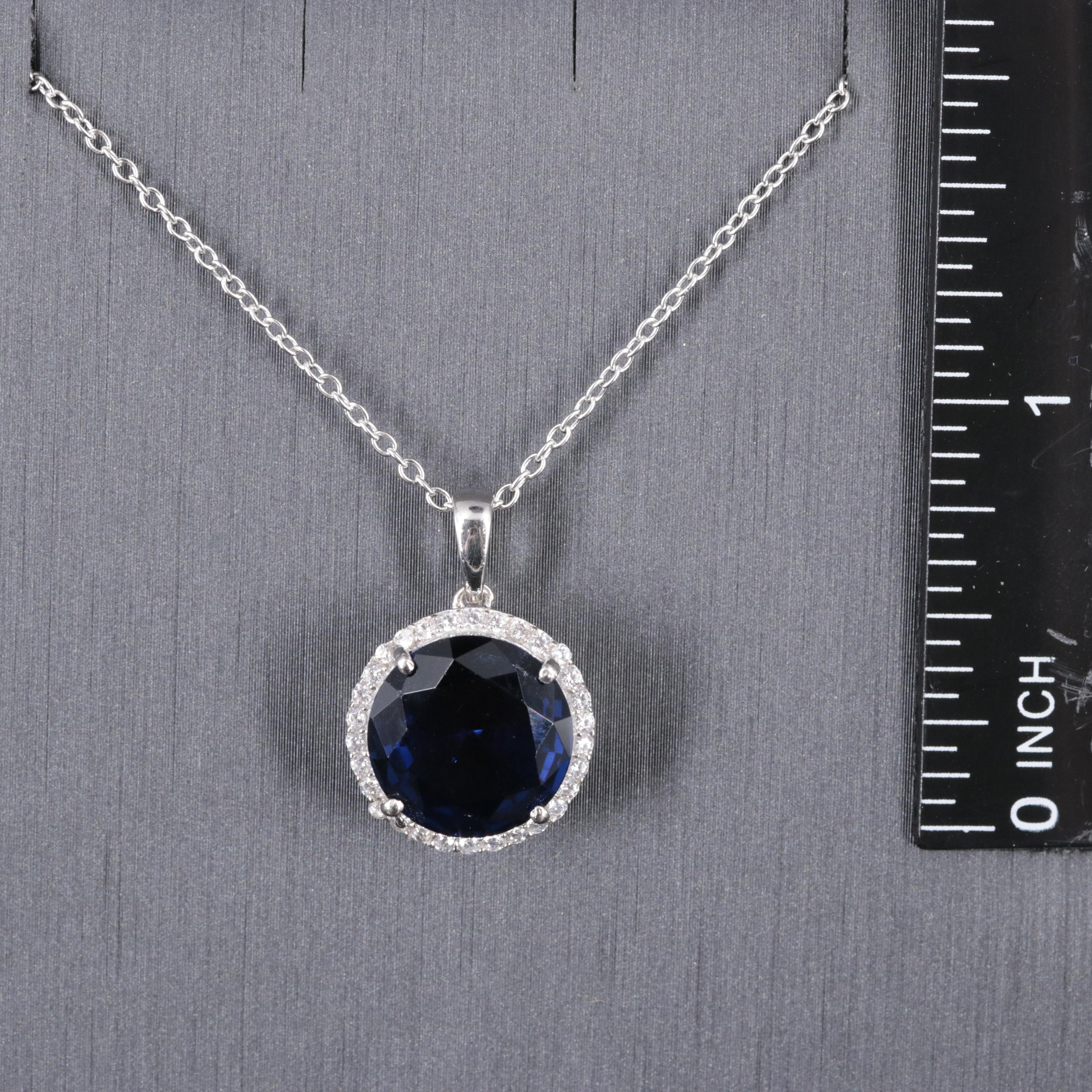 Sterling Silver Sapphire and Cubic Zirconia Pendant Necklace