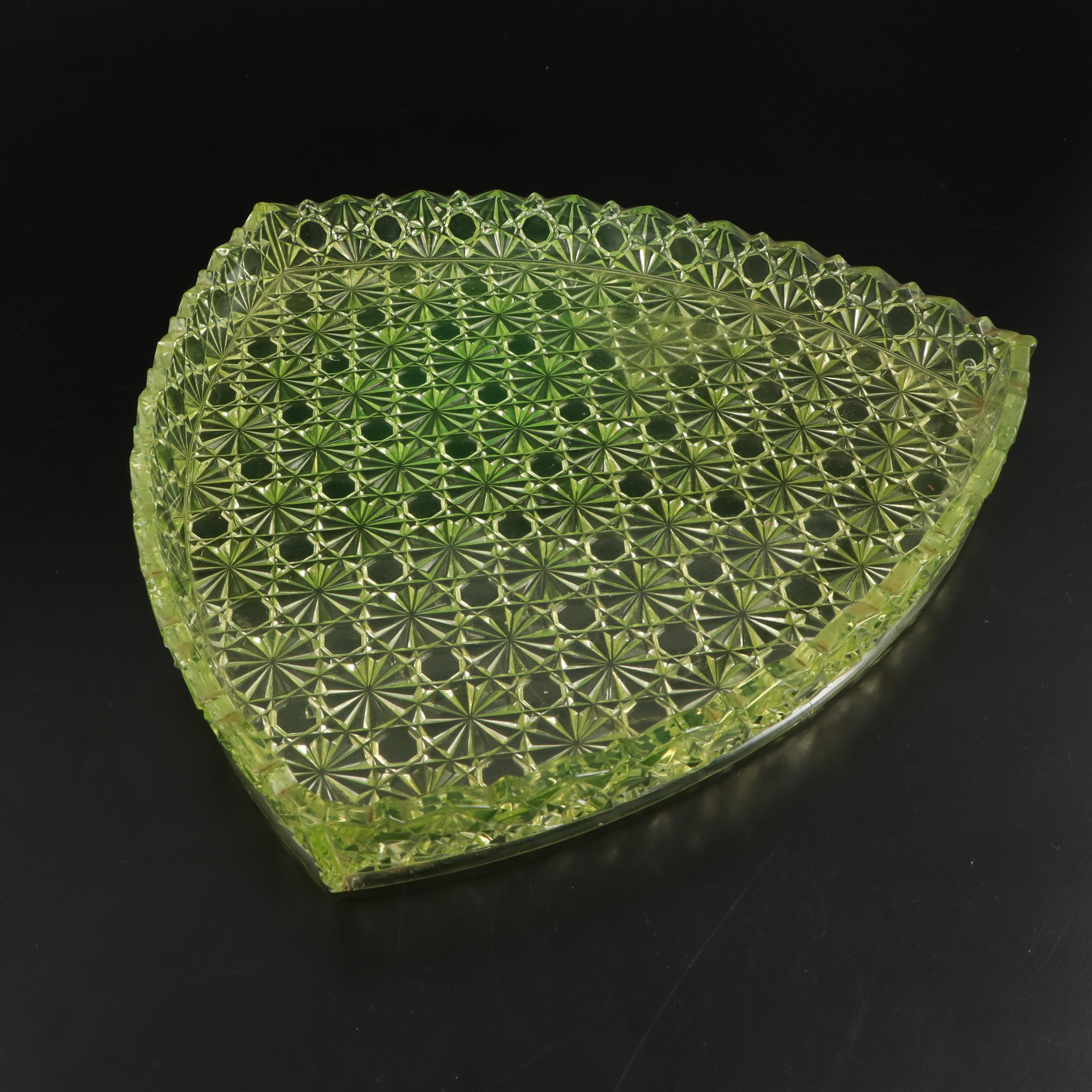 EAPG Daisy and Button Vaseline Glass Tableware with Fenton "Basketweave" Vase