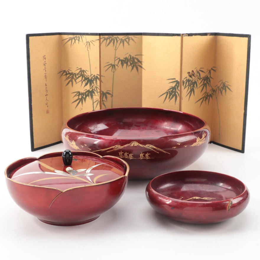 Japanese Red Lacquerware Bowls and Paper Table Screen