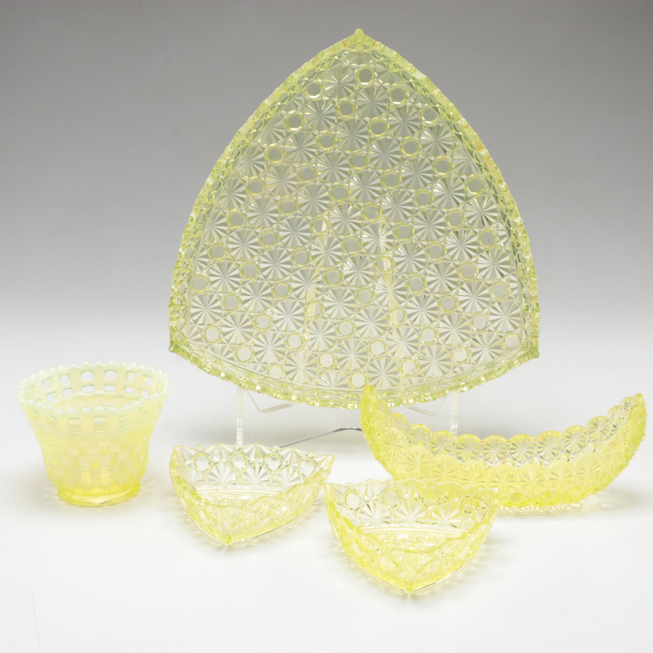 EAPG Daisy and Button Vaseline Glass Tableware with Fenton "Basketweave" Vase