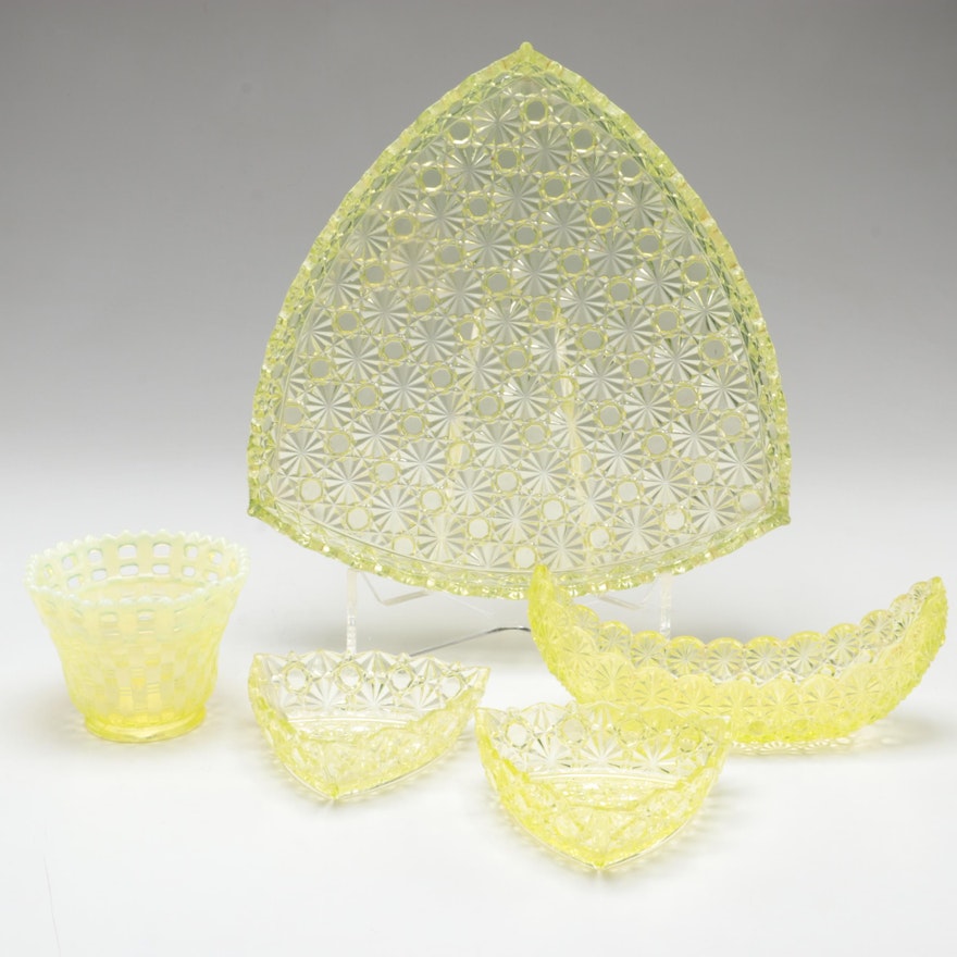 EAPG Daisy and Button Vaseline Glass Tableware with Fenton "Basketweave" Vase