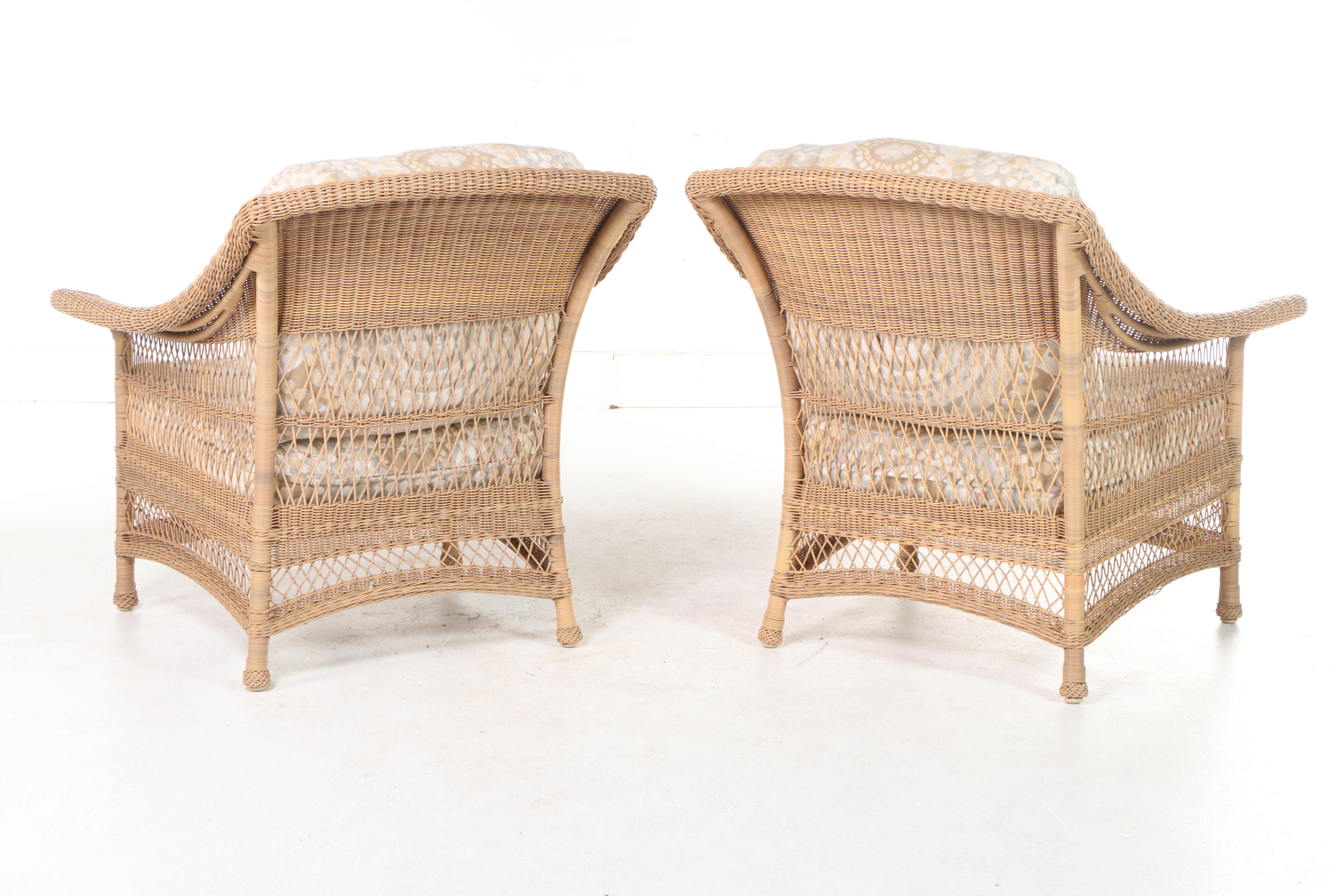 Pair of Resin Wicker Lounge Chairs with Brown Jordan Table