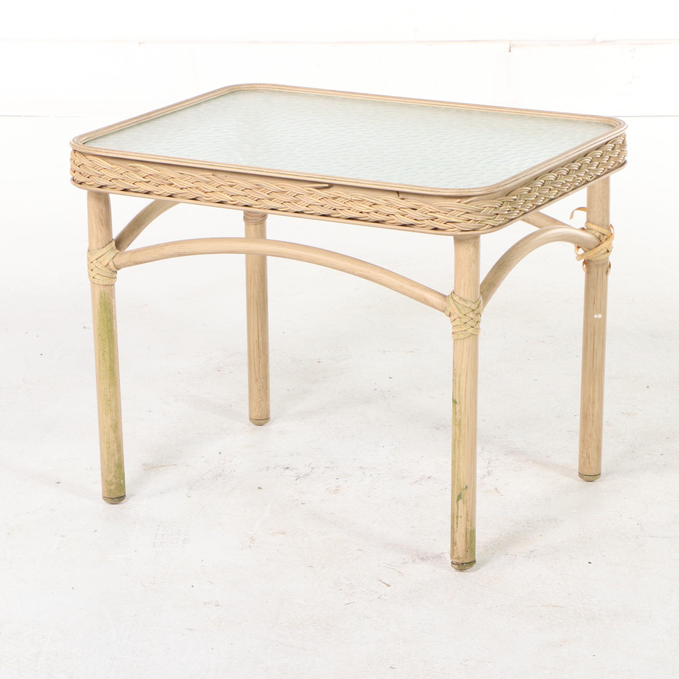 Pair of Resin Wicker Lounge Chairs with Brown Jordan Table