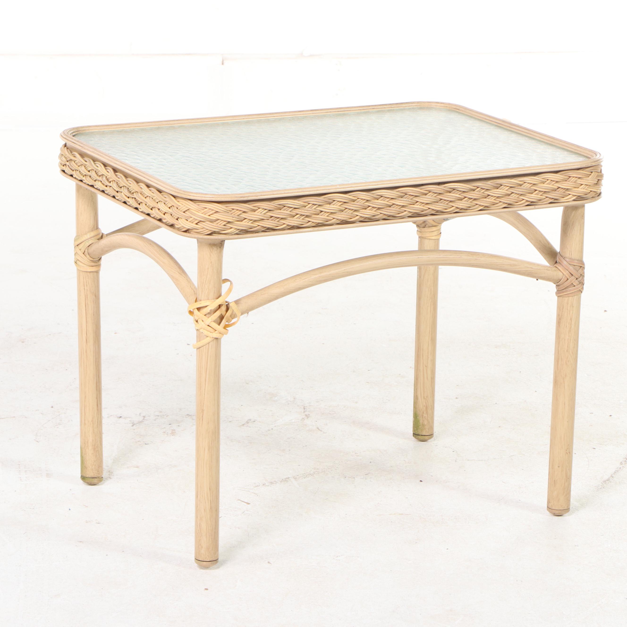 Pair of Resin Wicker Lounge Chairs with Brown Jordan Table