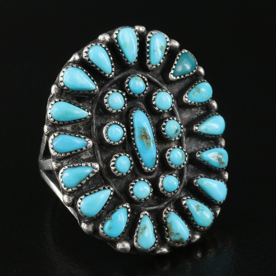 Western Style Sterling and Turquoise Petit Point Ring