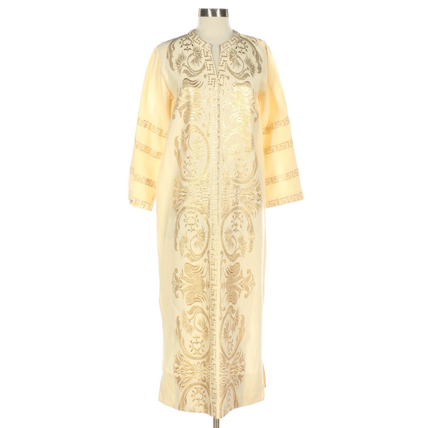 Metallic Floral Embroidered Kaftan with Meander Motif Trim