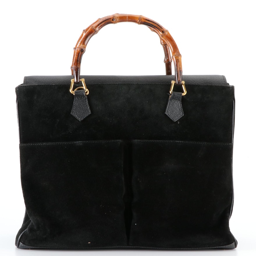 Gucci Medium Bamboo Shopper Tote in Black Suede and Cinghiale Leather