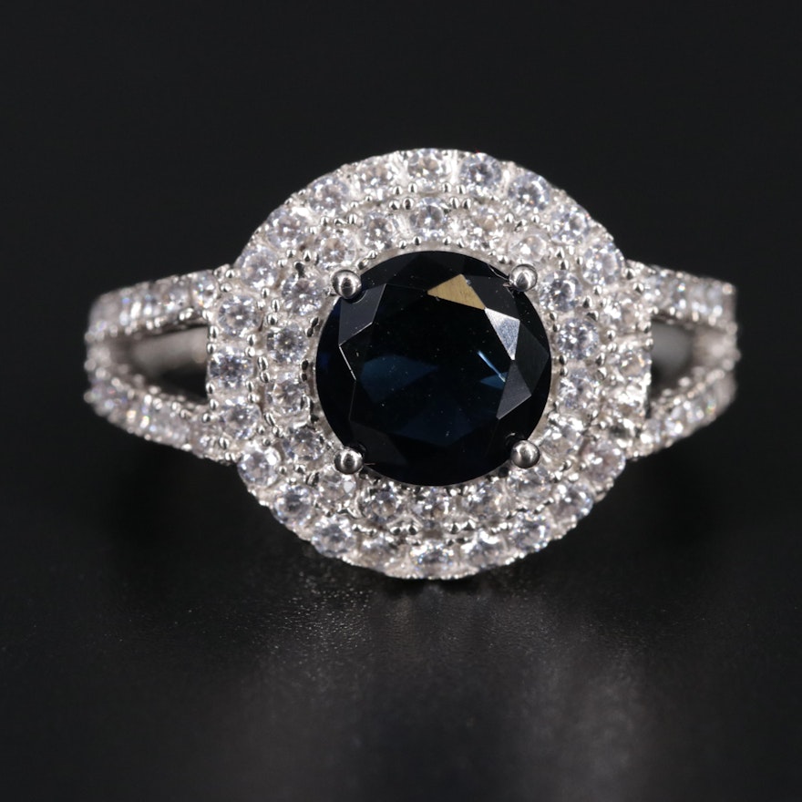 Sterling Silver Sapphire and Cubic Zirconia Ring