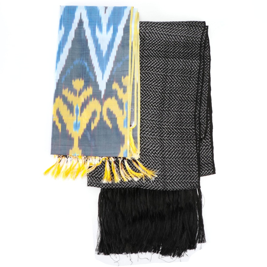 Handmade Zapotec Shawl in Black/White Silk and Ikat Jacquard Fringe Scarf