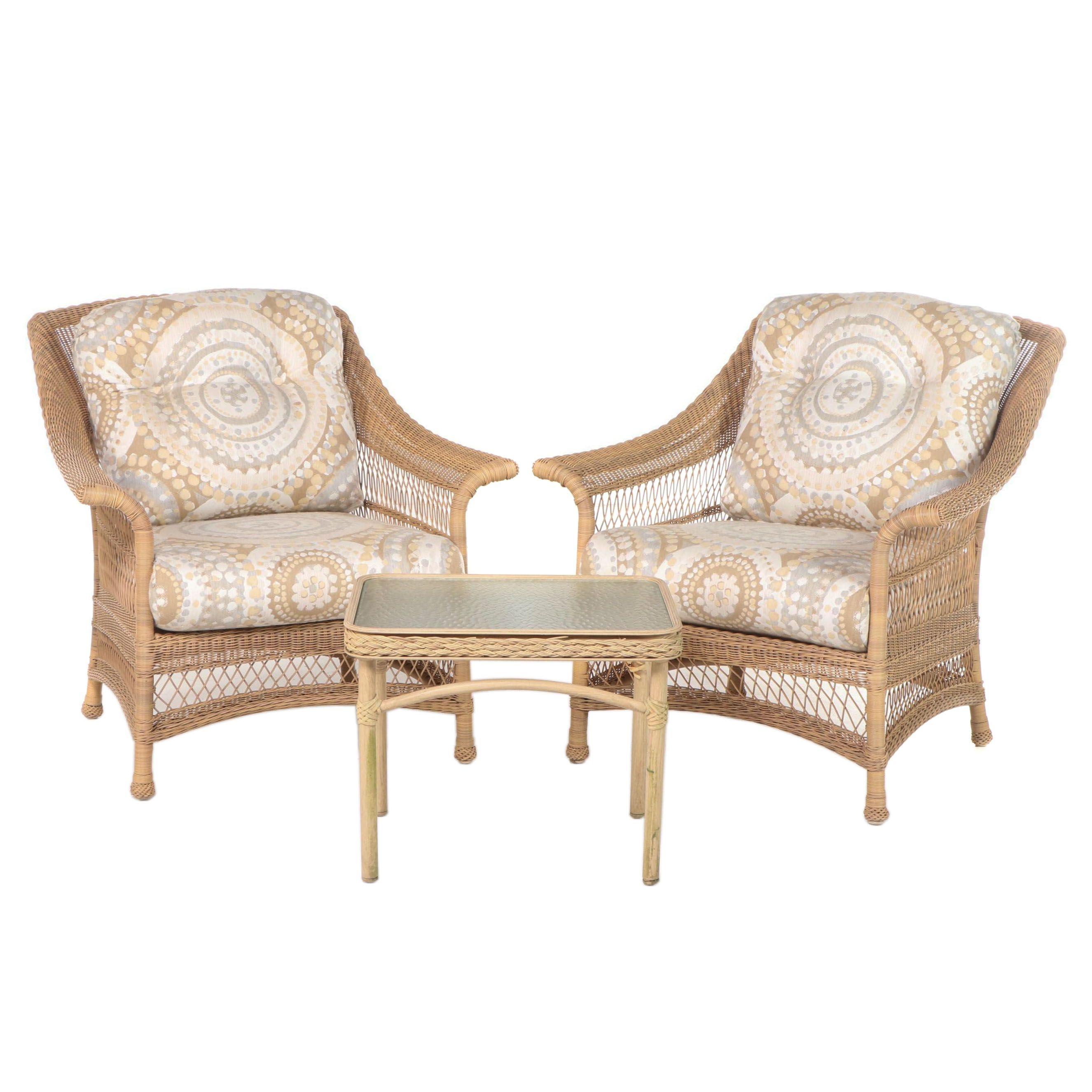 Pair of Resin Wicker Lounge Chairs with Brown Jordan Table