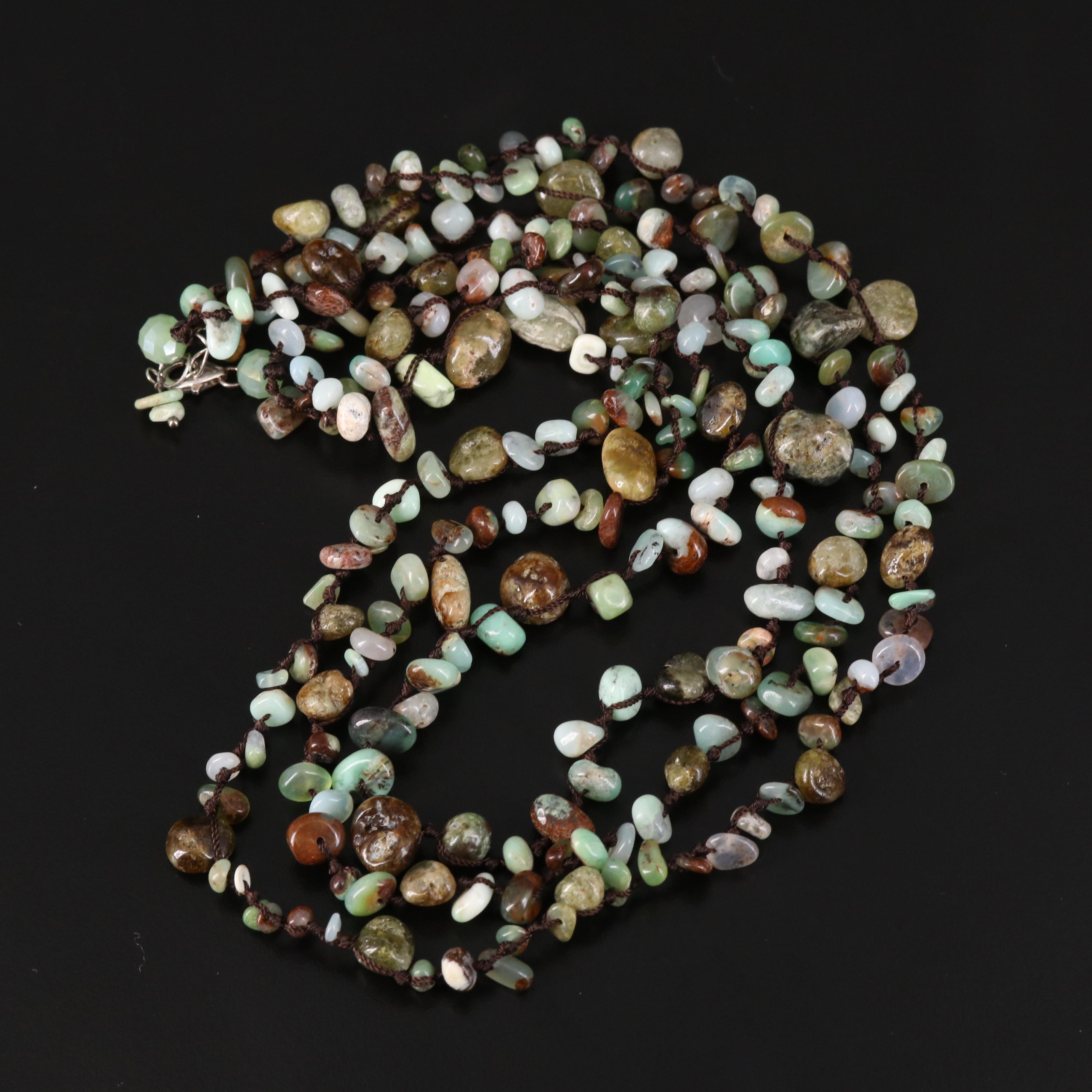 Sterling Agate, Chalcedony and Glass Three Strand Tiered Necklace