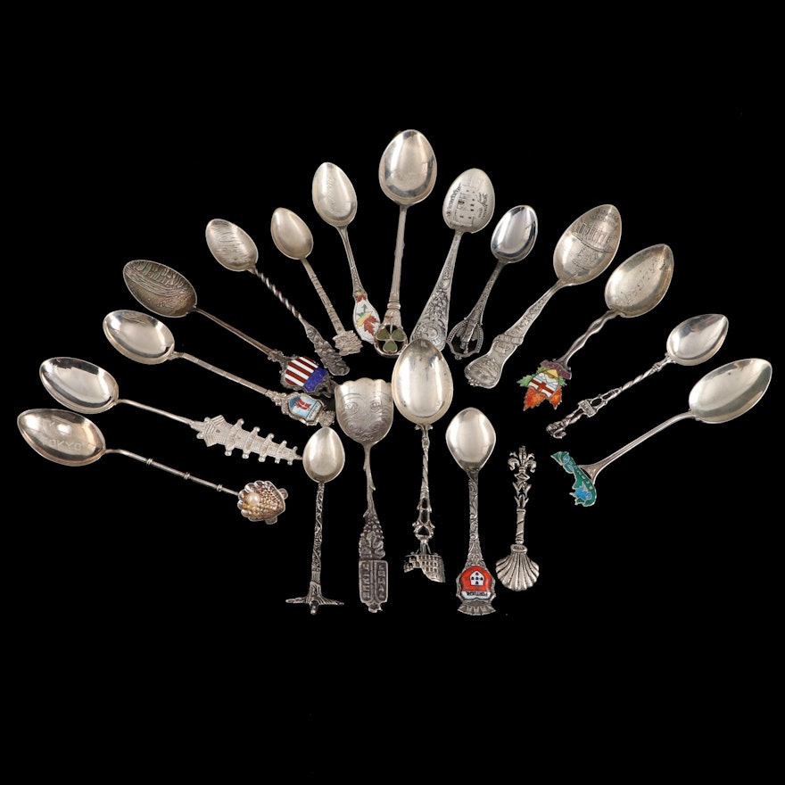 Sterling Silver, 800 Silver, and Other Souvenir Spoons, Early to Mid-20th C.