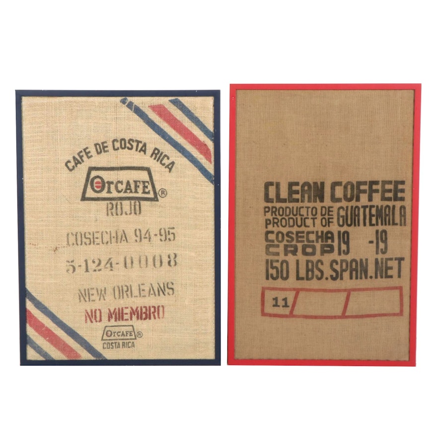 Costa Rican and Guatemalan Burlap Coffee Sacks in Frames, Late 20th-21st Century