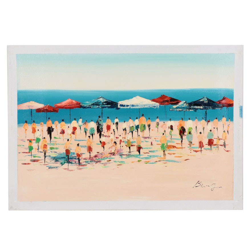 Bing Impasto Oil Painting of Beach Crowd, 21st Century