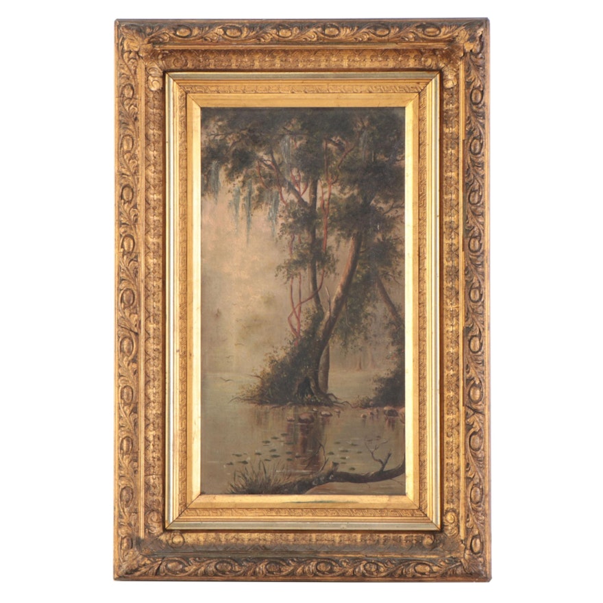 Victorian Swamp Landscape Oil Painting, Circa 1900