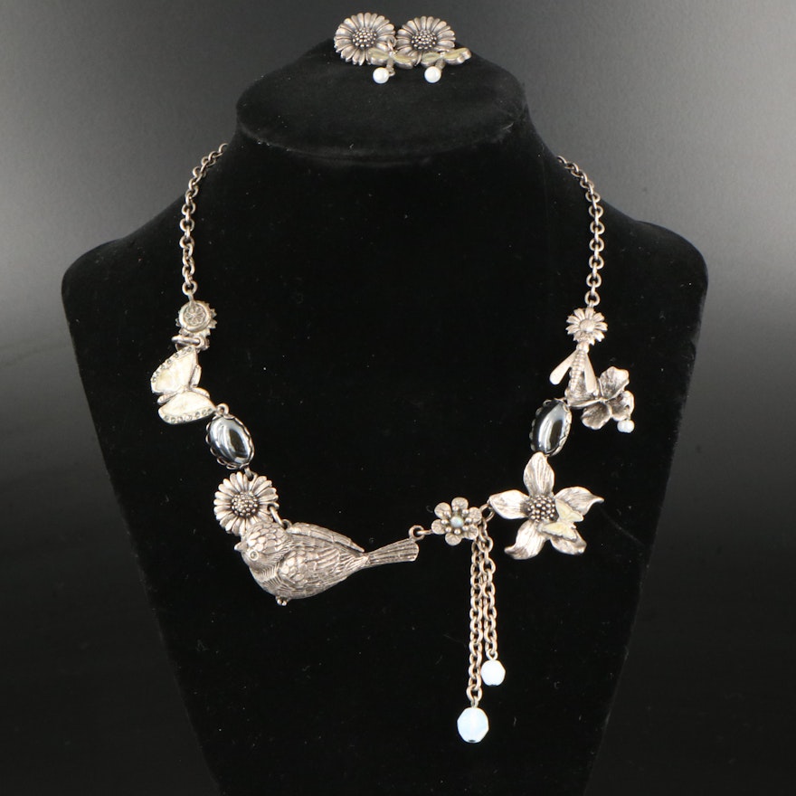 Mary Demarko Bird, Flower and Insect Themed Necklace with Earrings