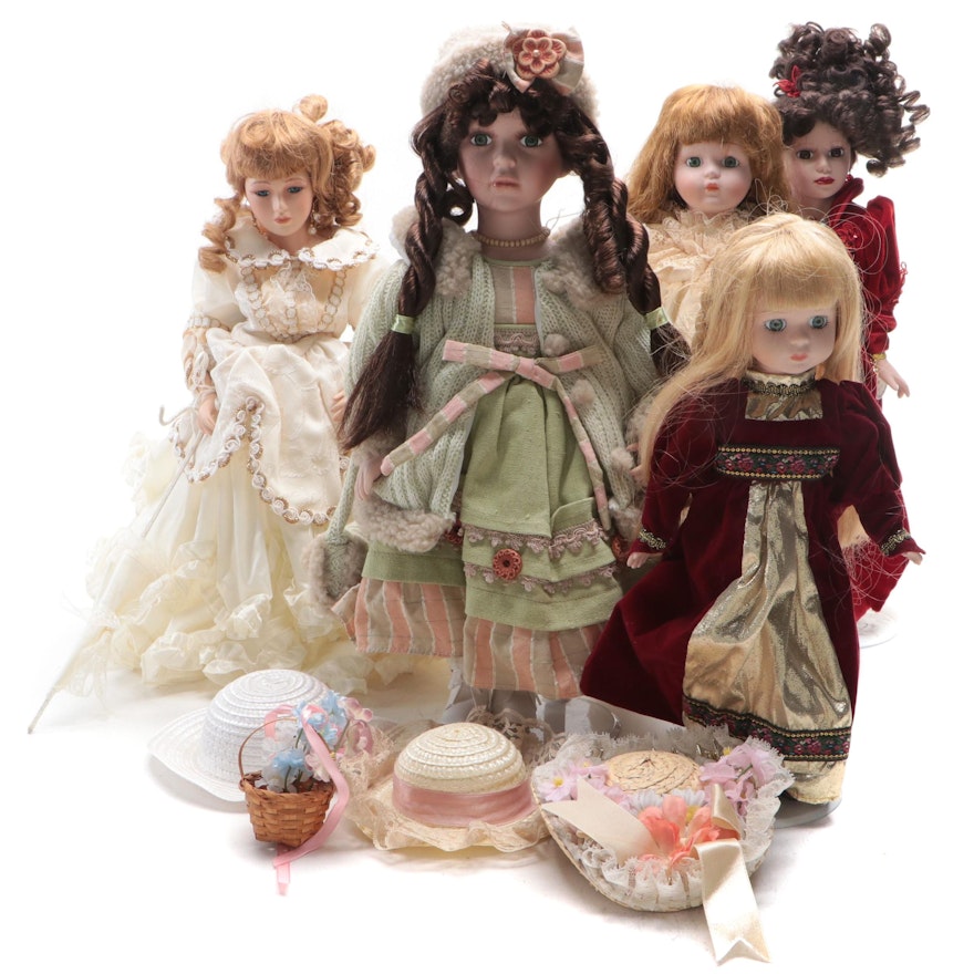 Camellia Garden Porcelain Doll with Swarovski Jewelry and Other Porcelain Dolls