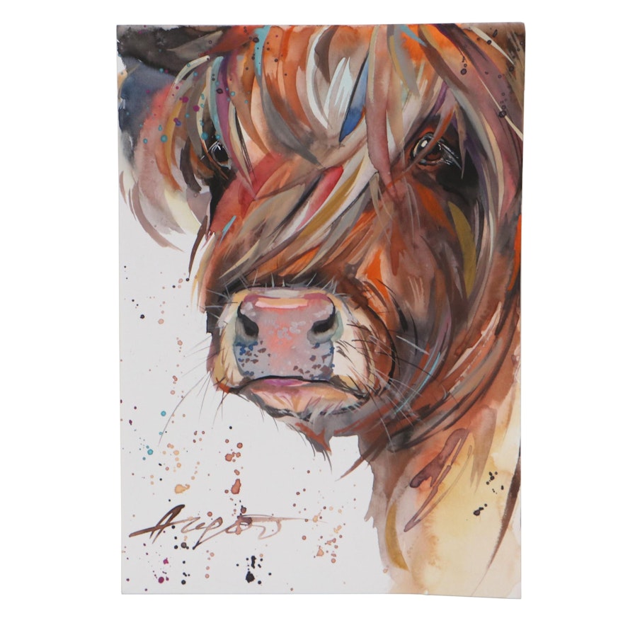 Anne Gorywine Watercolor Painting of Highland Cow, 2022