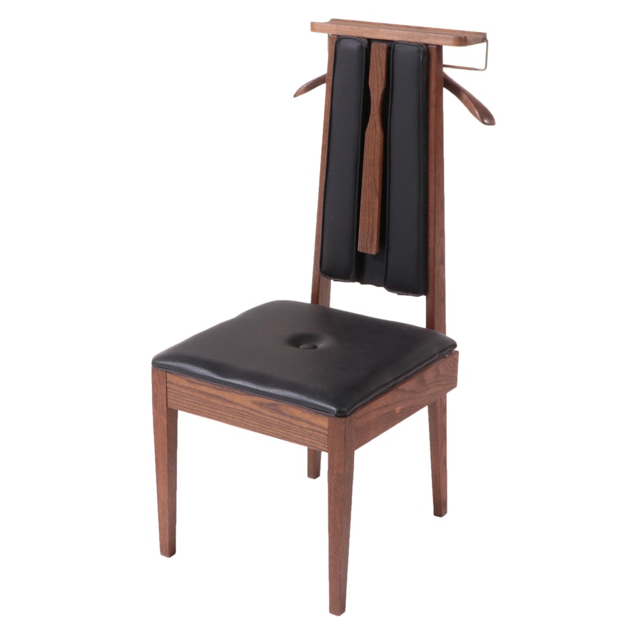 The Setwell Company Modernist Oak and Black Vinyl Lift-Seat Valet Chair, c. 1970