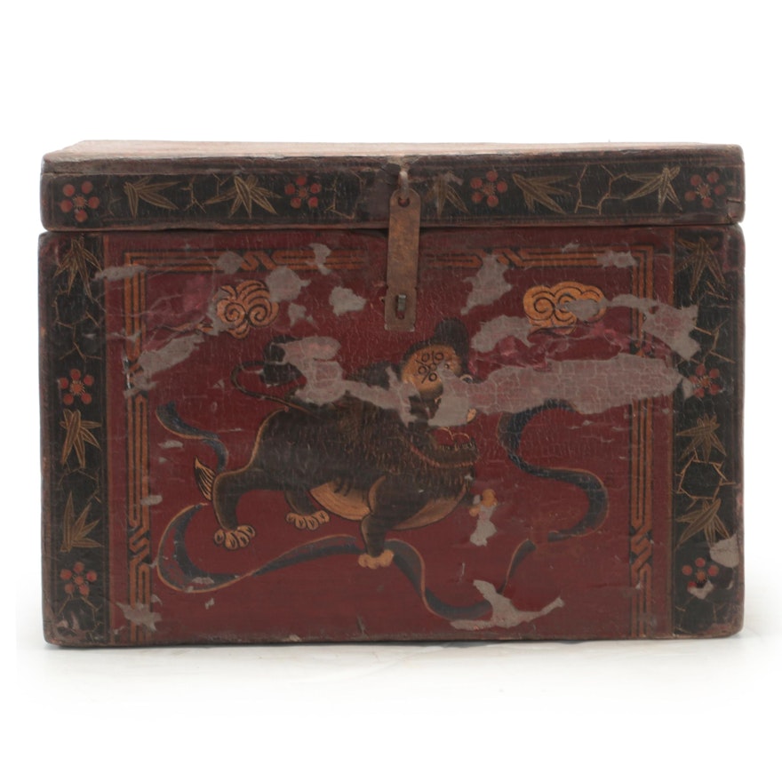 Tibetan Style Guardian Lion Decorated Lacquered Wood Chest, Antique