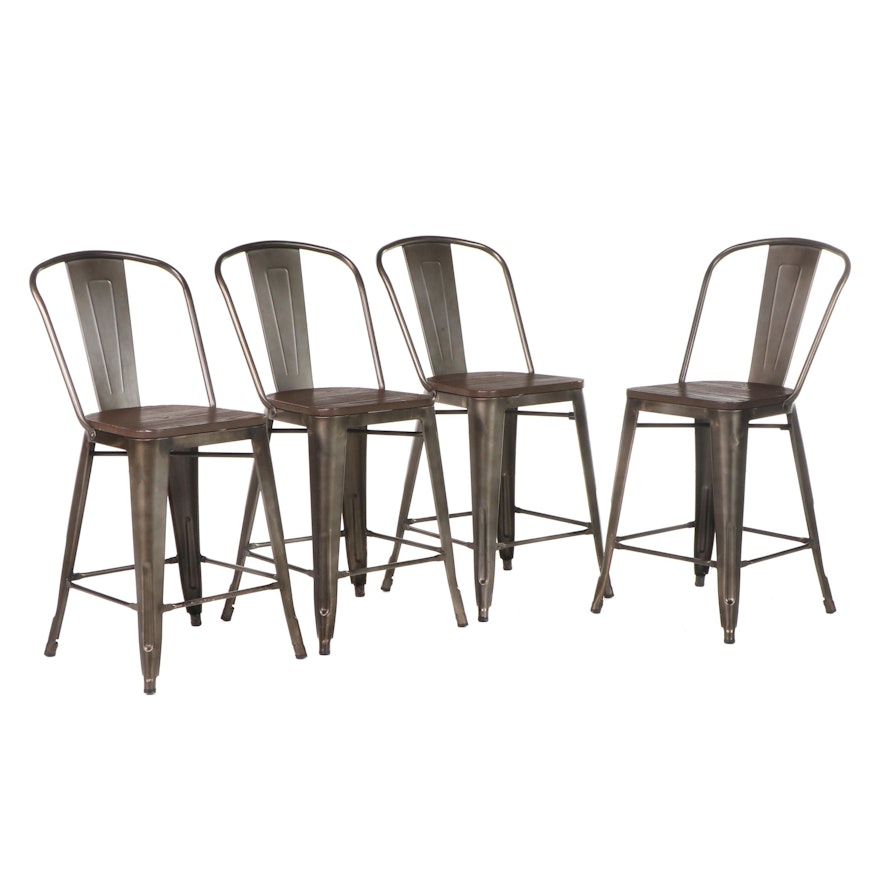 Four Industrial Style Patinated Metal and Wood Counter Stools