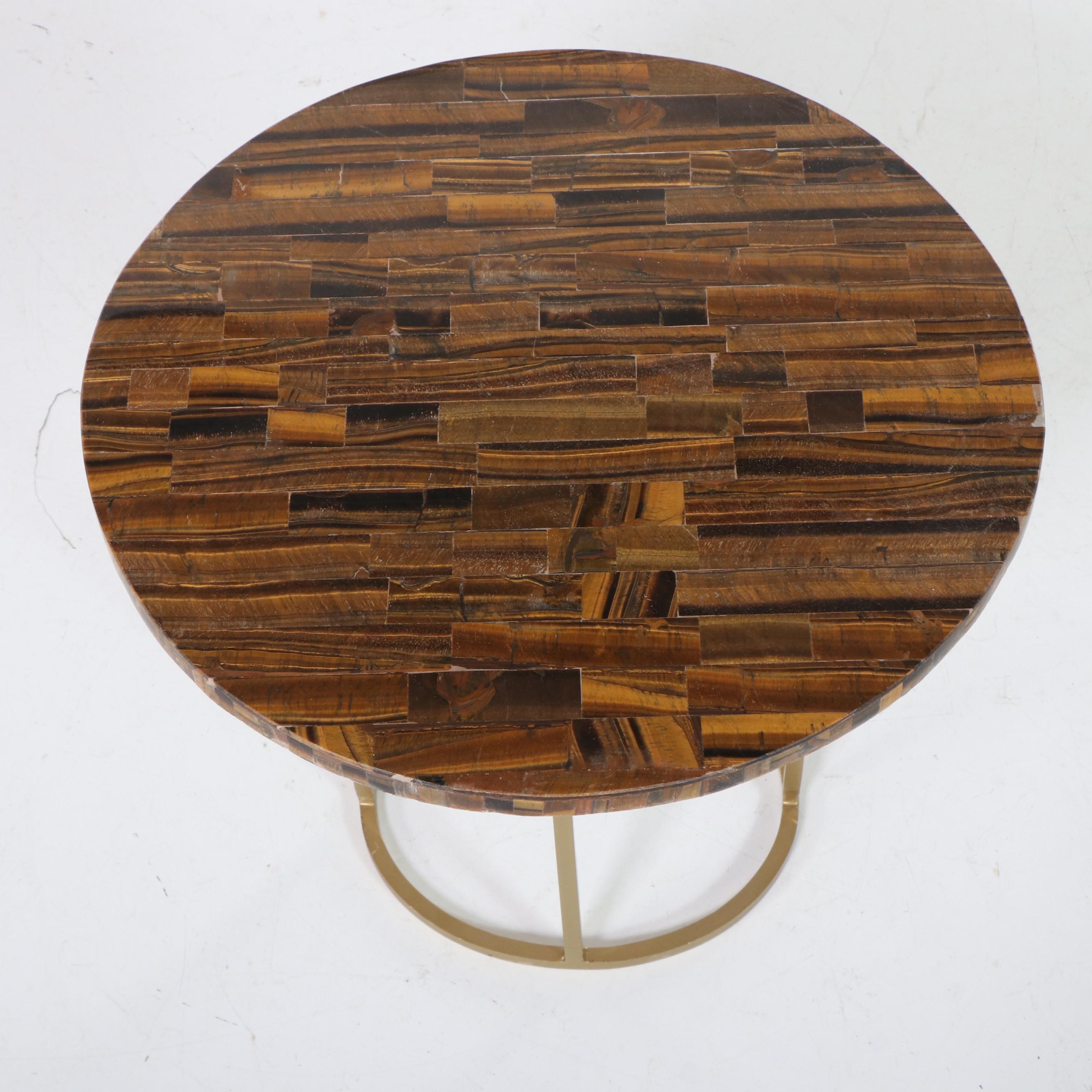 Tessellated Tiger-Eye Stone Side Table on Gold-Painted Metal Base