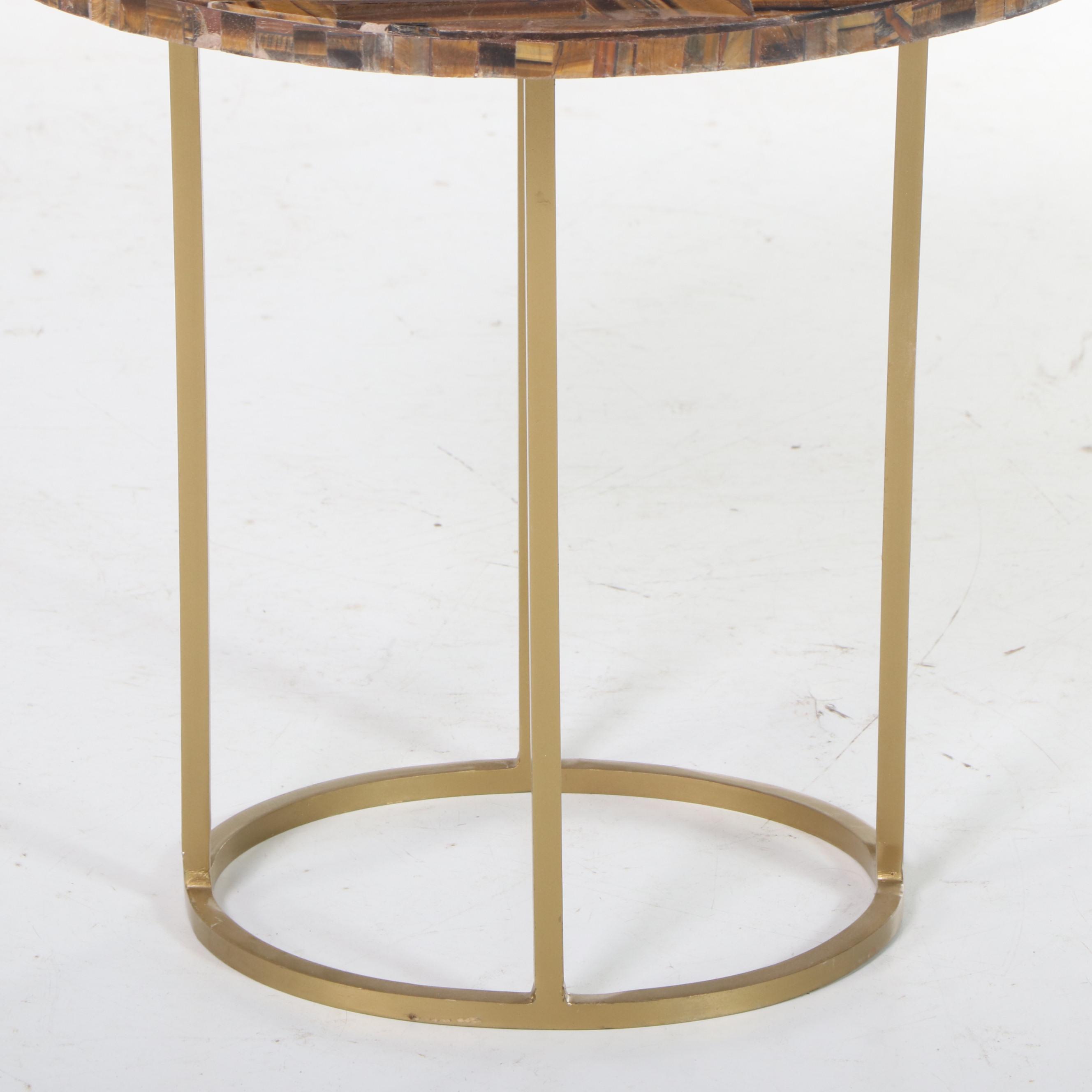 Tessellated Tiger-Eye Stone Side Table on Gold-Painted Metal Base