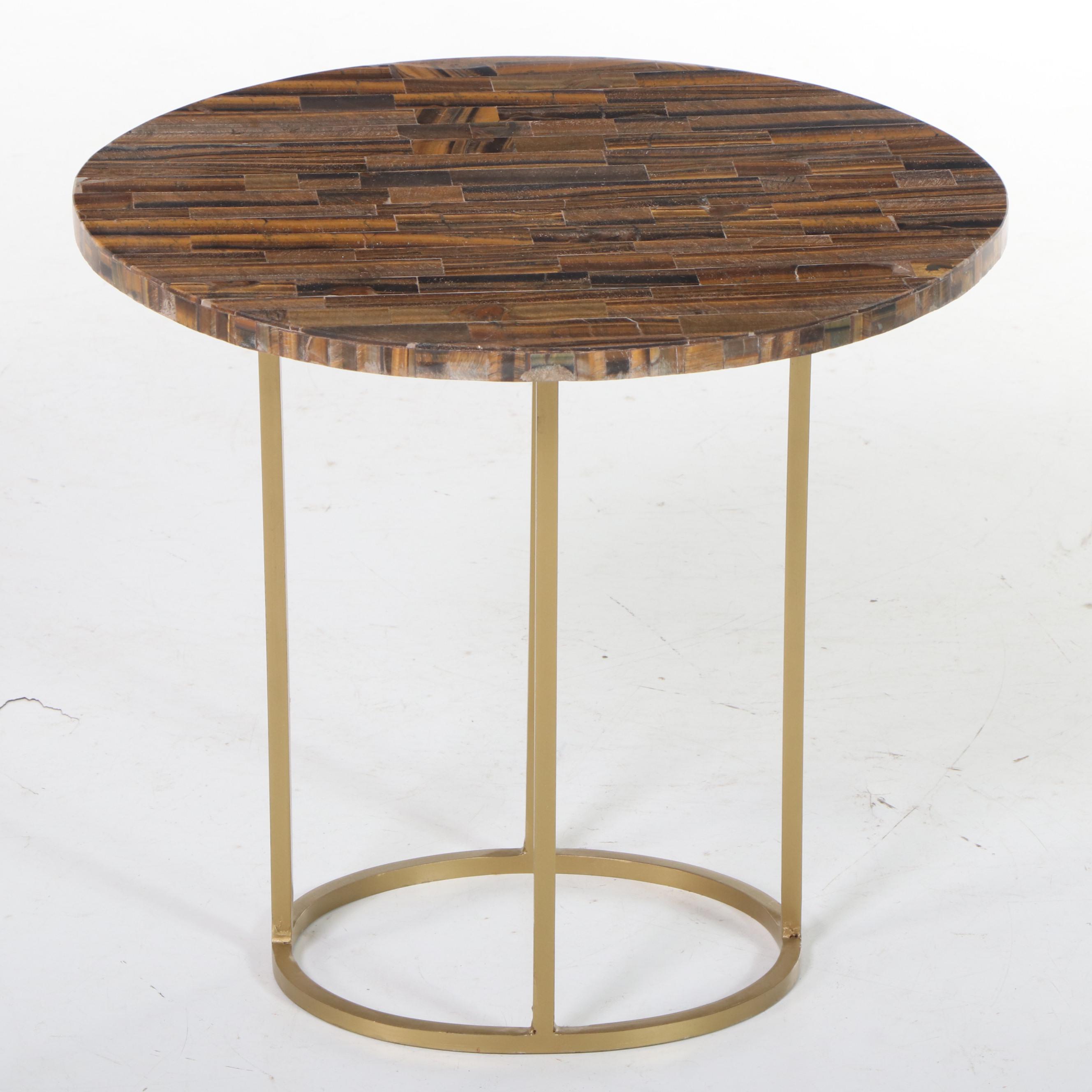 Tessellated Tiger-Eye Stone Side Table on Gold-Painted Metal Base