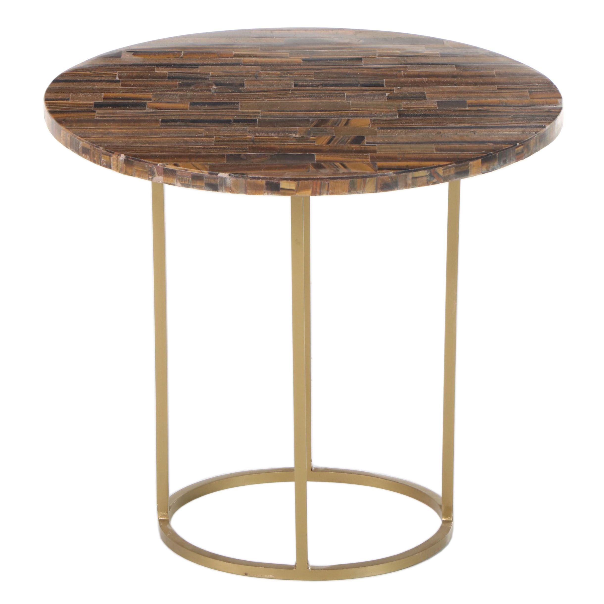 Tessellated Tiger-Eye Stone Side Table on Gold-Painted Metal Base