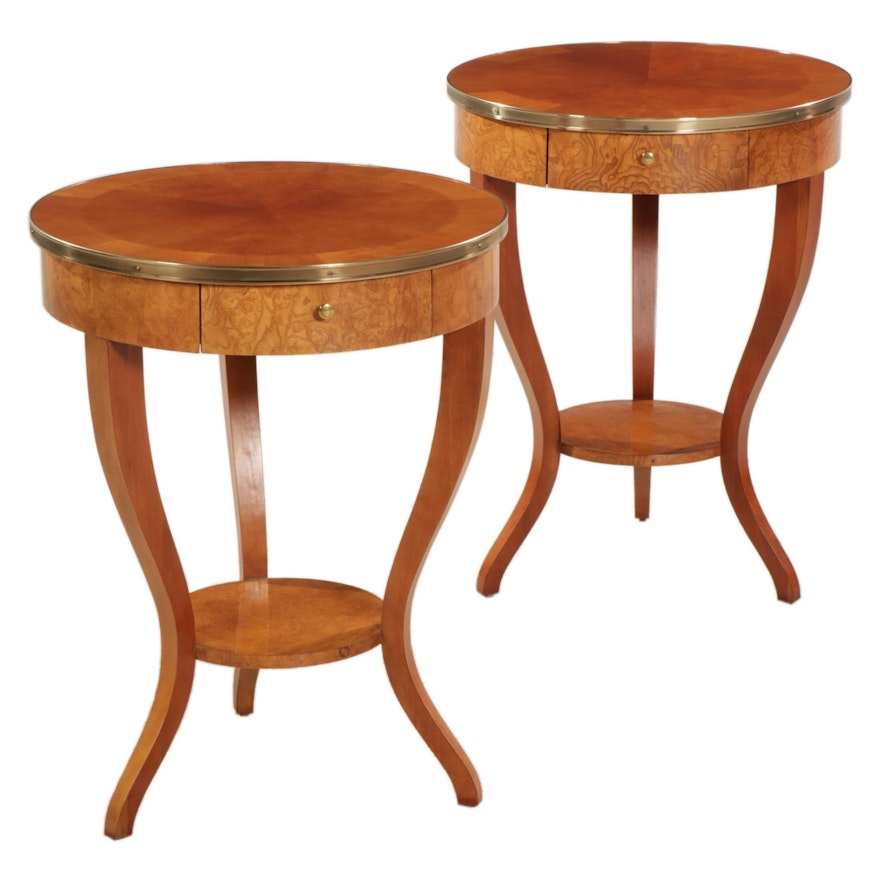 Pair of Baker Furniture Neoclassical Style Cherry and Burl Round Side Tables