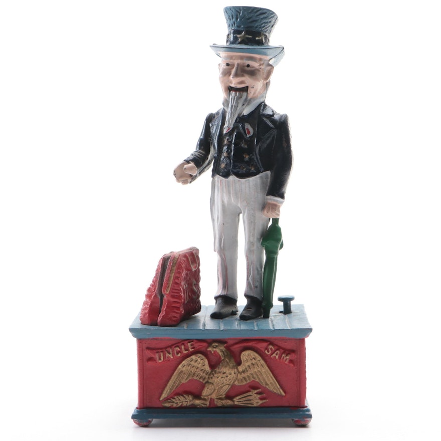 Cold-Painted Cast Iron Uncle Sam Reproduction Mechanical Coin Bank