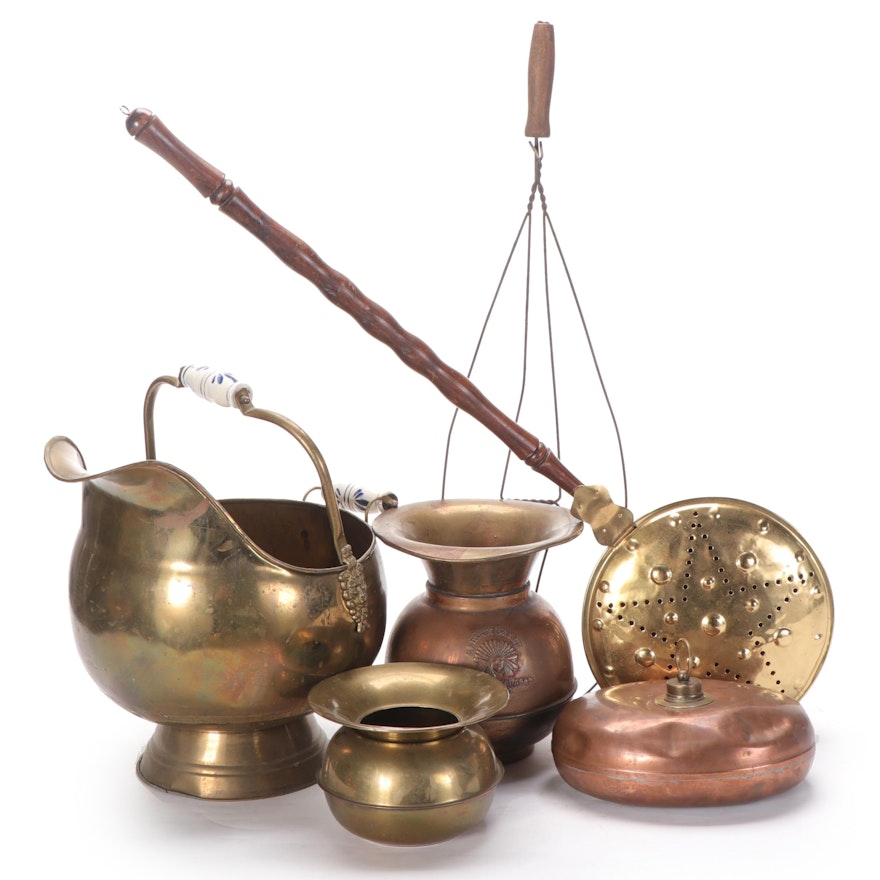 Brass Coal Scuttle with Other Metal Bedwarmers, Spittoons and Rug Beater