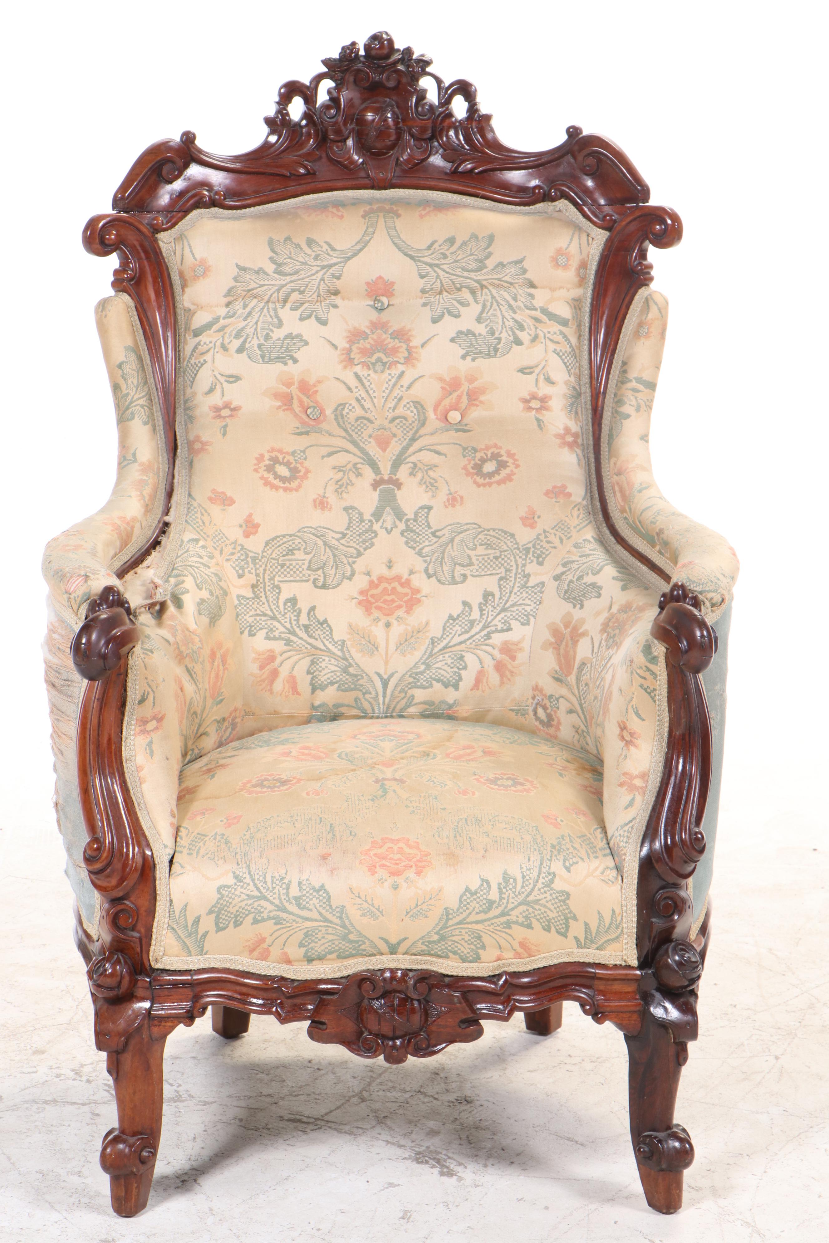 American Rococo Revival Carved Rosewood and Buttoned-Down Armchair