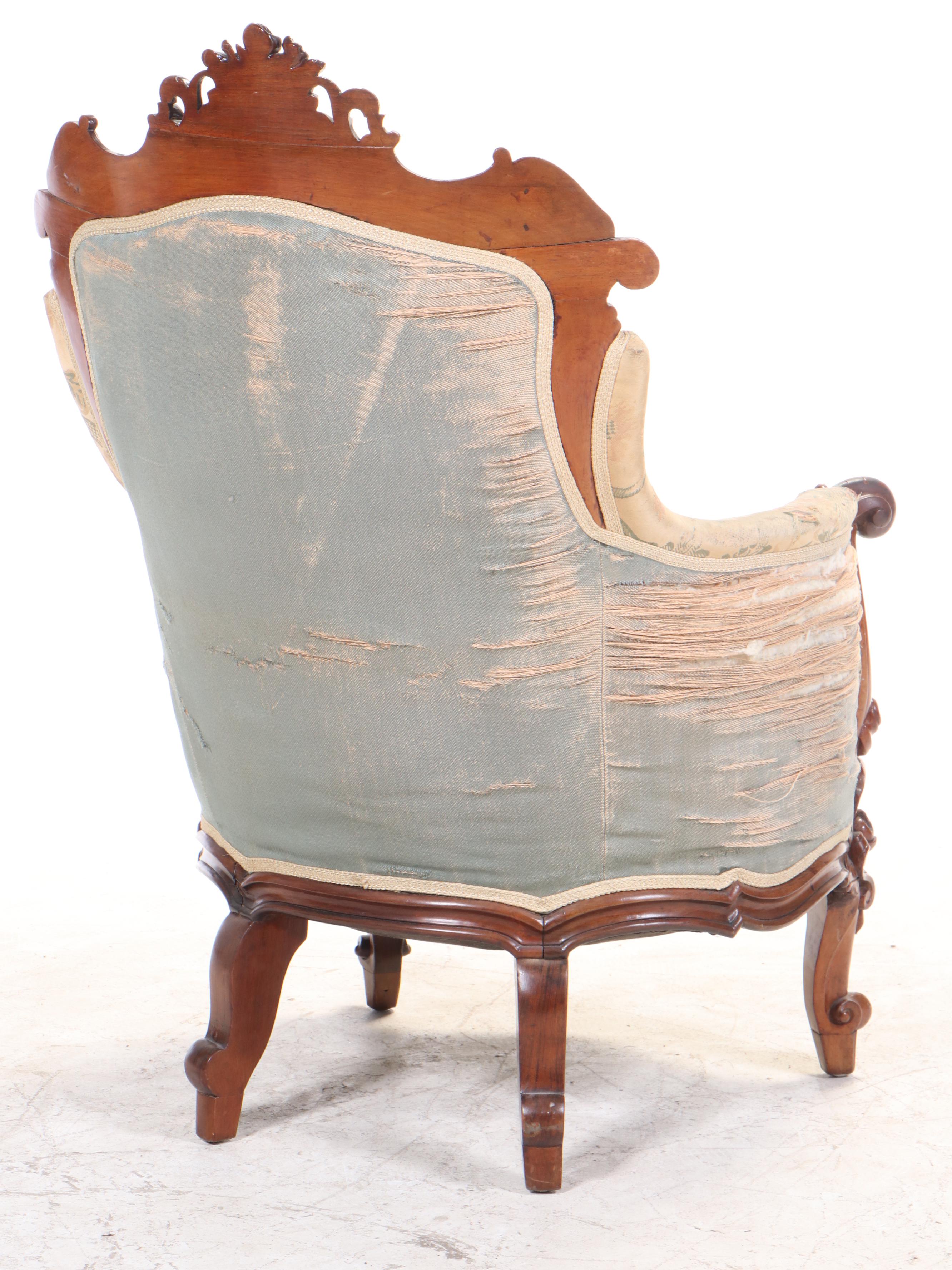 American Rococo Revival Carved Rosewood and Buttoned-Down Armchair